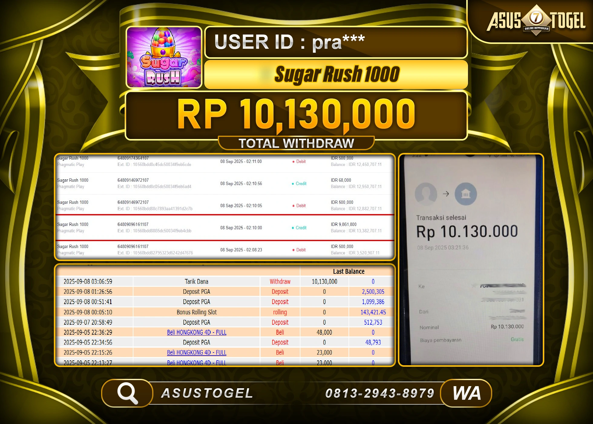 ASUSTOGEL KEMENANGAN DI SLOT SUGAR RUSH 1000 SEBESAR 10,130,000- RUPIAH LUNAS