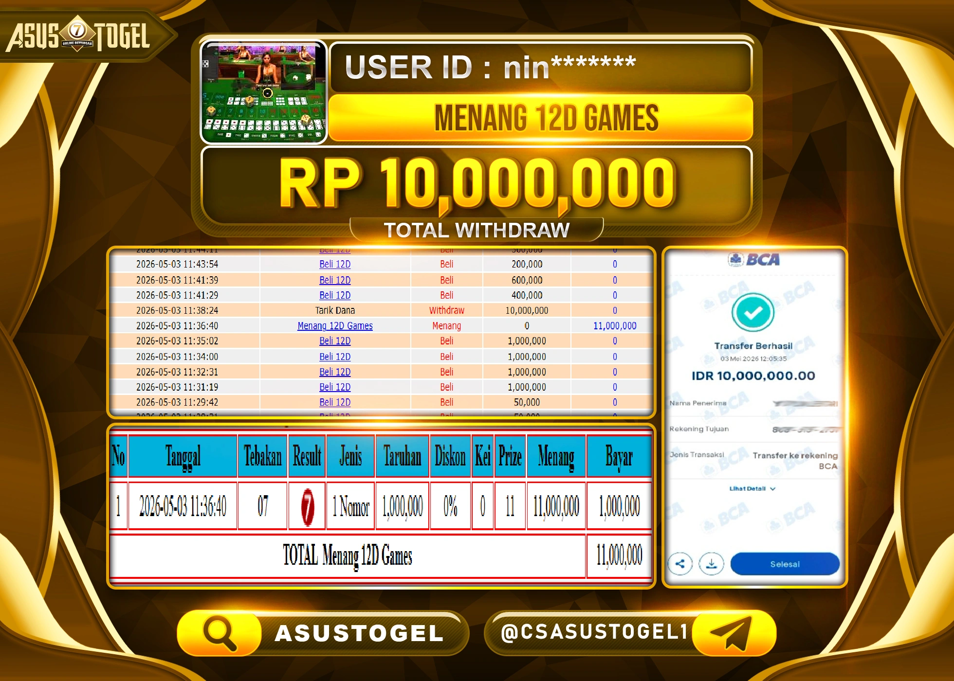 ASUSTOGEL KEMENANGAN JACKPOT DI PERMAINAN 12D GAMES SEBESAR Rp.10,000,000 - RUPIAH LUNAS