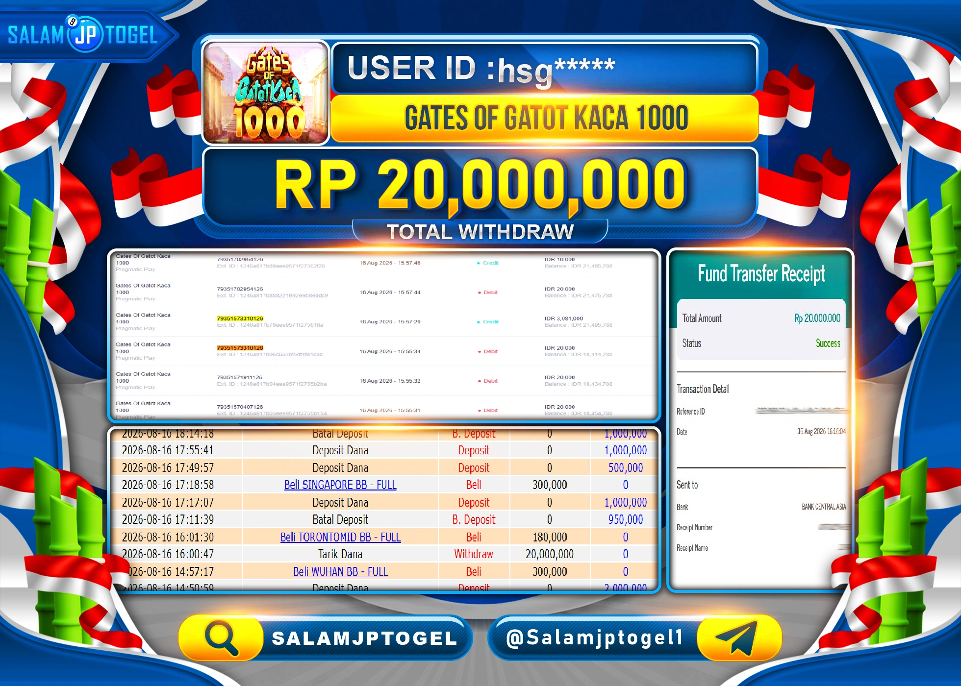 SALAMJPTOGEL JACKPOT MENANG SLOT GATES OF GATOT KACA 1000 Rp.20,000,000 - LUNAS