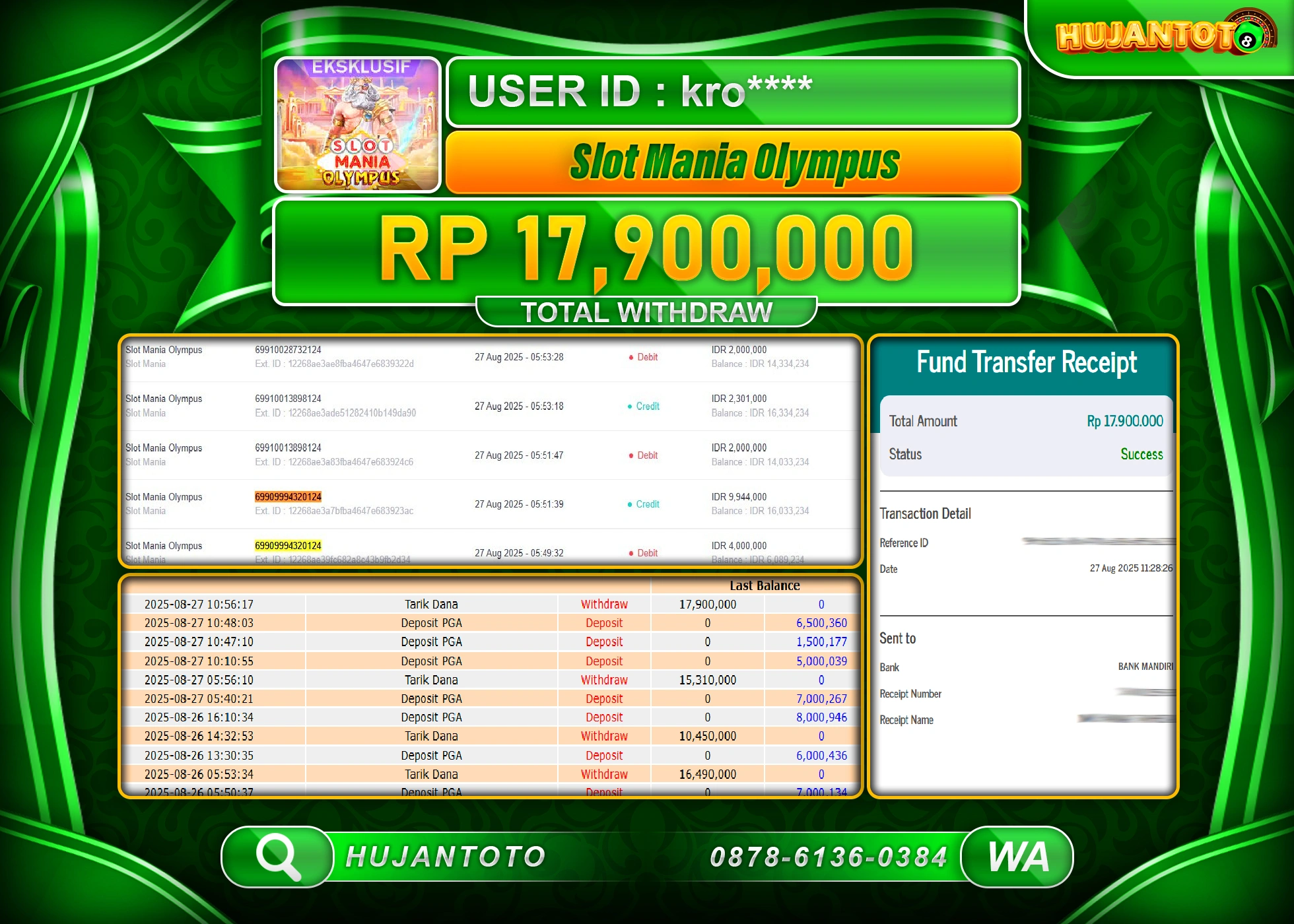 HUJANTOTO - BUKTI JACKPOT MENANG SLOT, SLOT MANIA OLYMPUS Rp.17,900,000 - TERBAYAR LUNAS