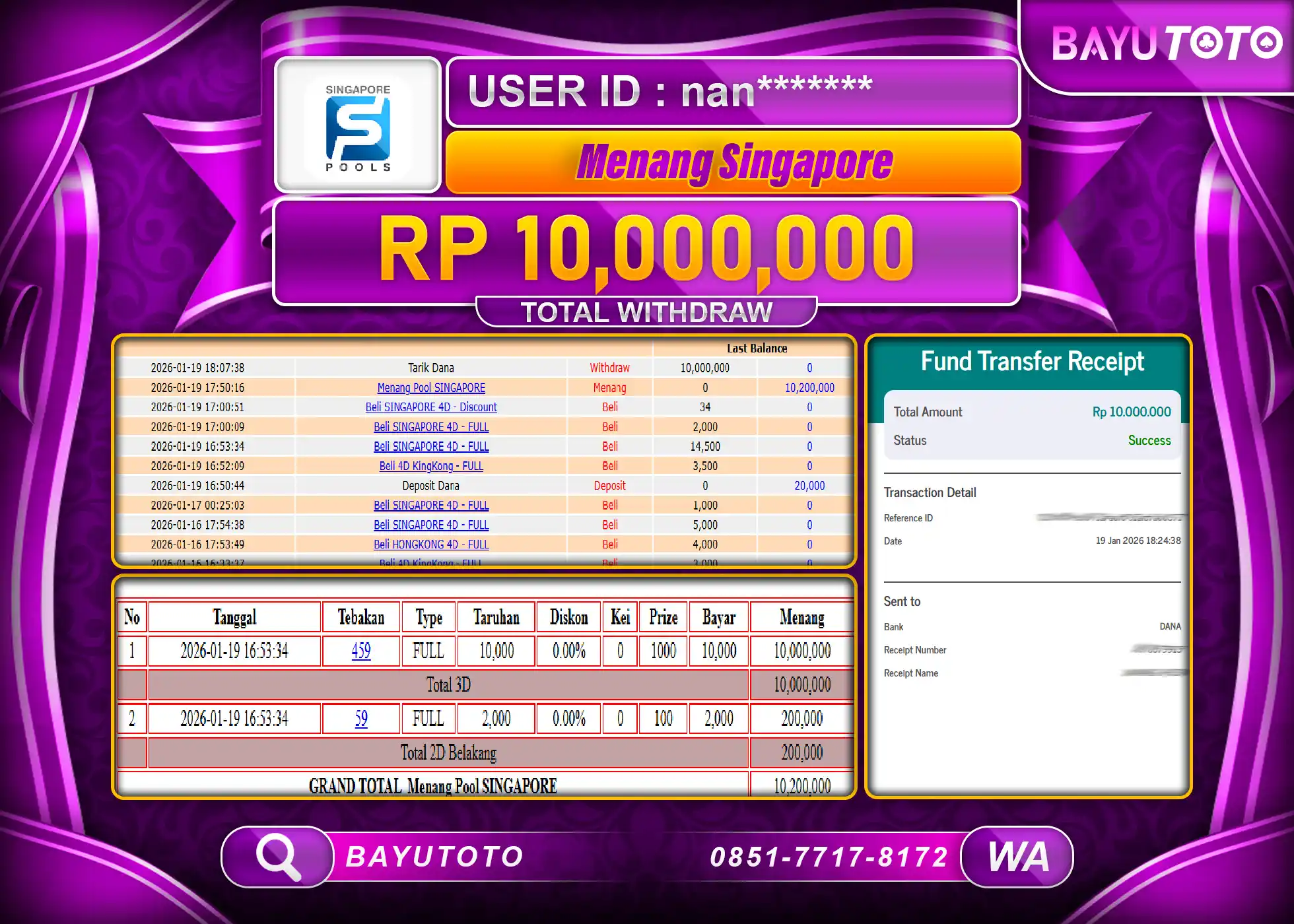 SELAMAT KEPADA MEMBER  SETIA BAYUTOTO JACKPOT TOGEL SINGAPORE POOLS  Rp. 10,000,000 LUNAS