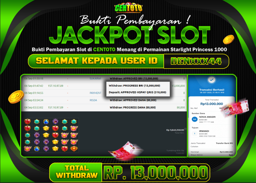  BUKTI JACKPOT LUNAS CENTOTO  RP 13.000.000,-LUNAS