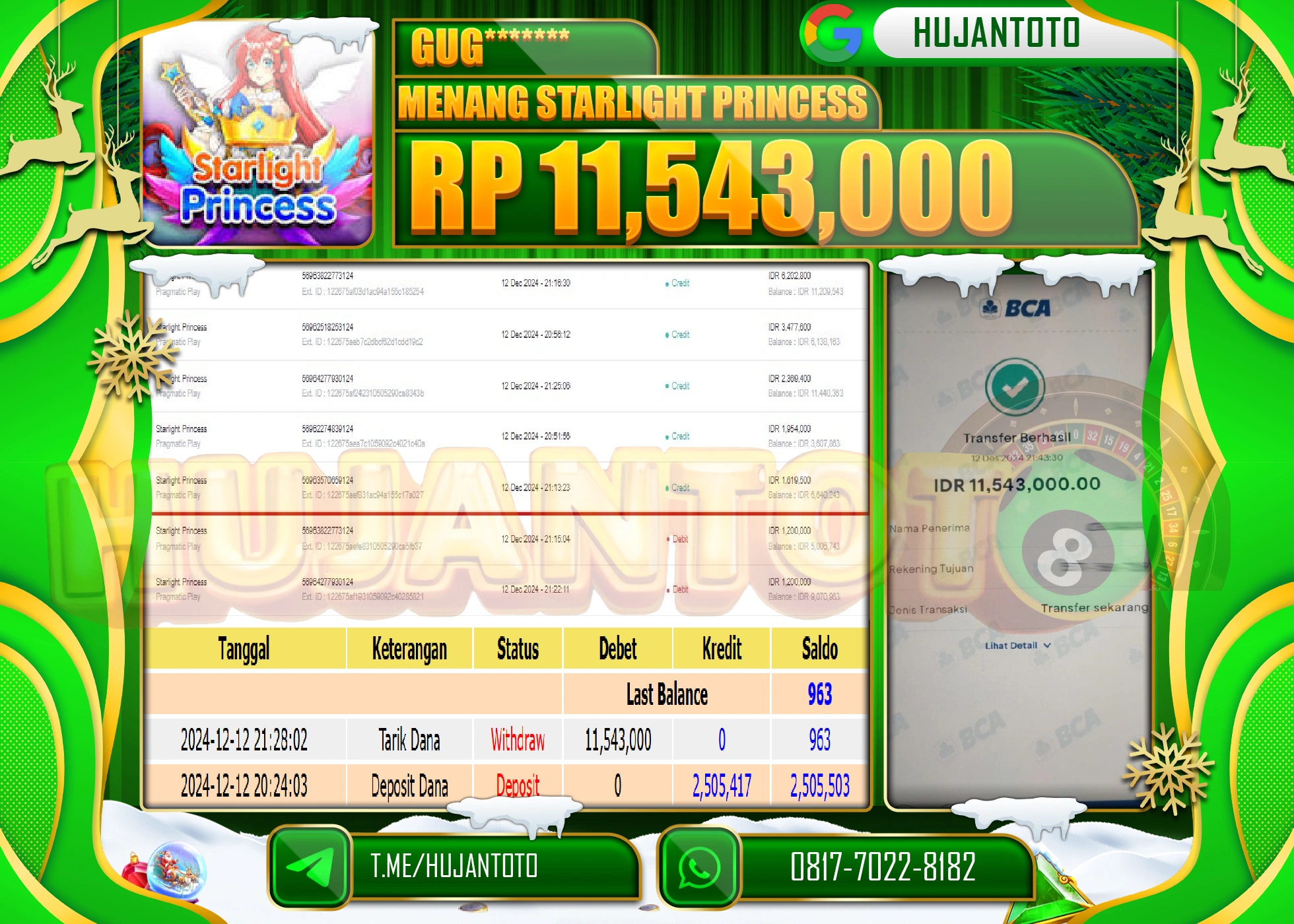 HUJANTOTO KEMENANGAN BESAR YANG DI RAIH DI PERMAINAN STARLIGHT PRINCESS - 11,543,000 - TERBAYAR LUNAS