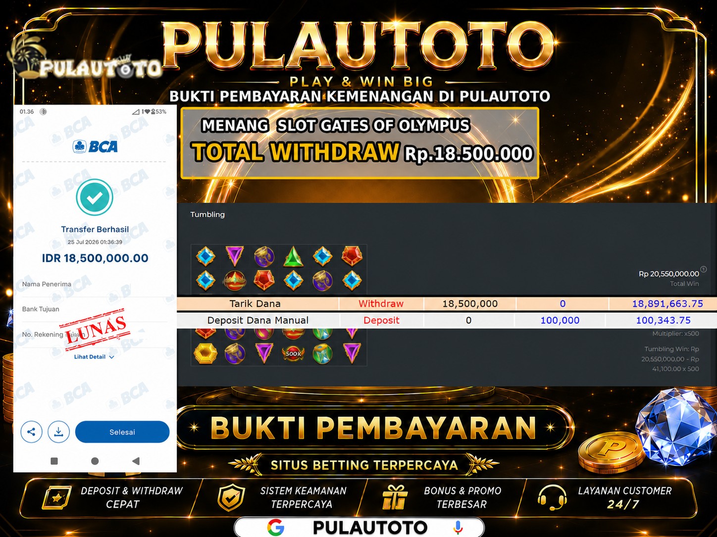 🏆 BUKTI KEMENANGAN MEMBER PULAUTOTO GATES OF OLYMPUS 1000🏆