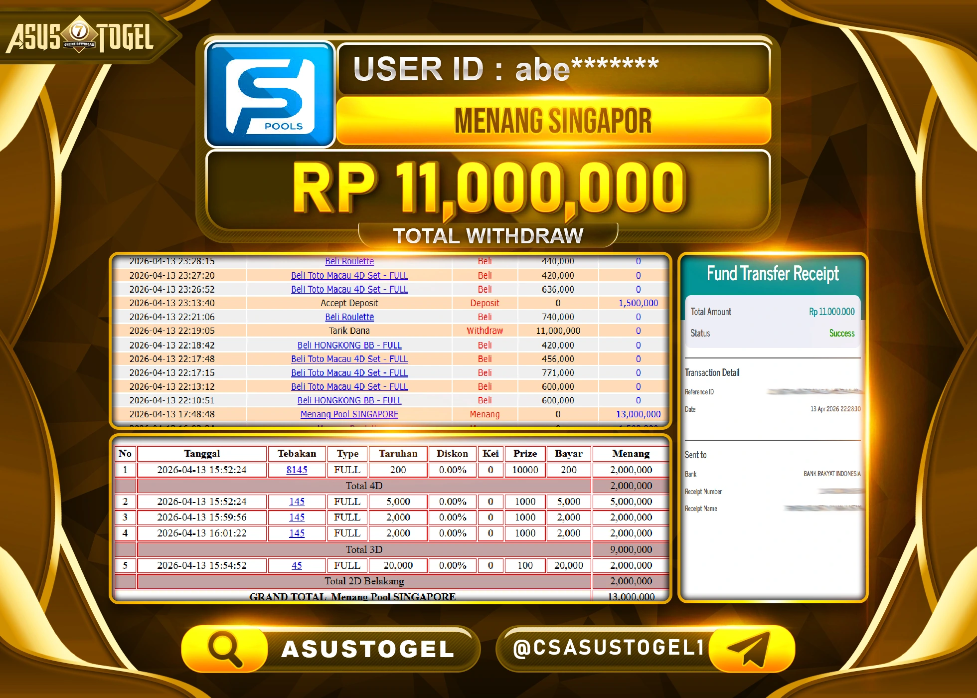 ASUSTOGEL KEMENANGAN JACKPOT DI PERMAINAN TOGEL SINGAPORE POOLS  SEBESAR Rp.11,000,000 - RUPIAH LUNAS