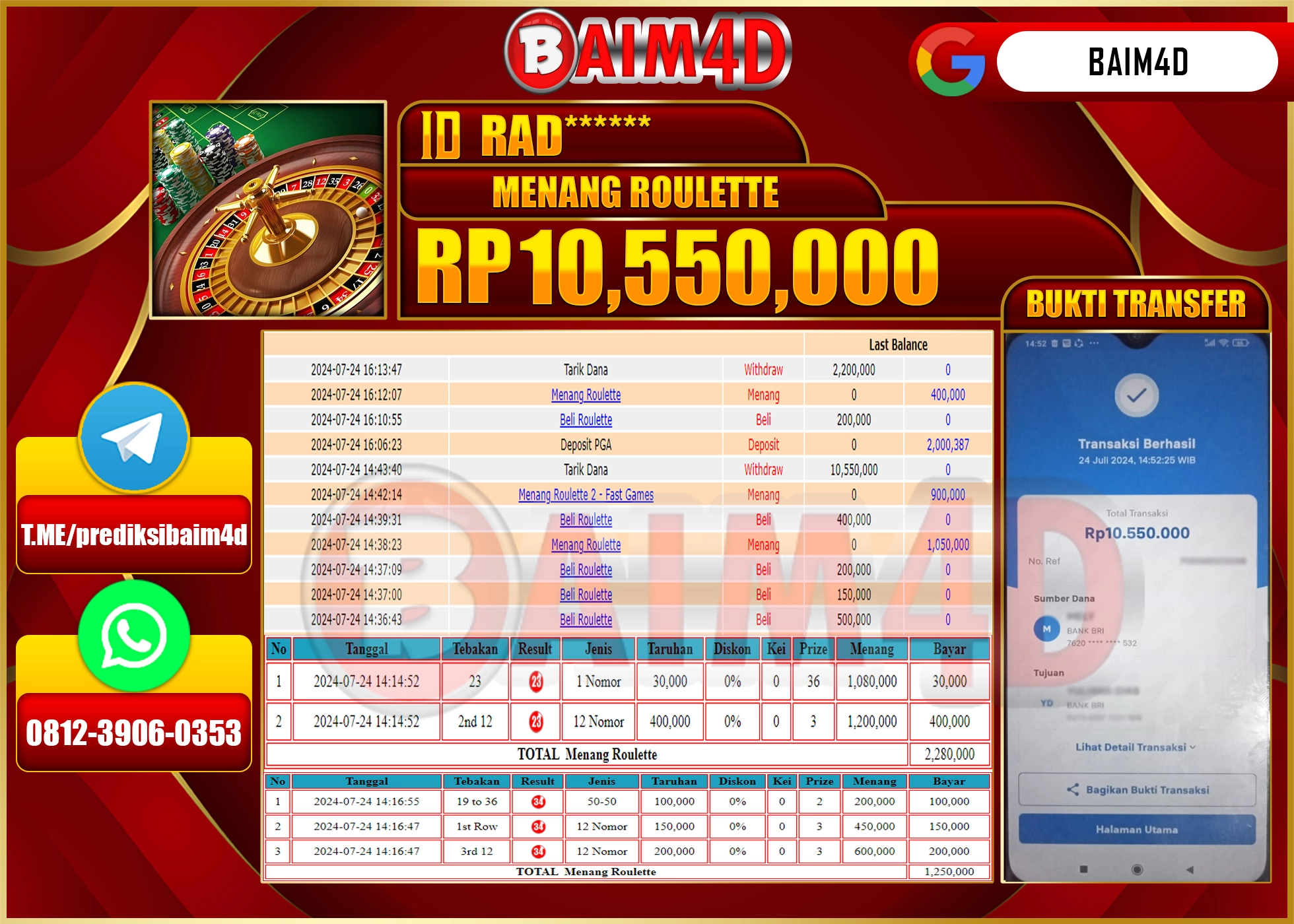 BAIM4D JACKPOT  LIVE GAME ROULETTE Rp.10.550,000.- LUNAS
