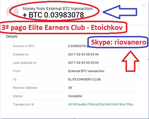 3º pago Elite Earners Club 40$ - 0.03983078 BTC 083c1d7334ca16a55386fe258b64c95c