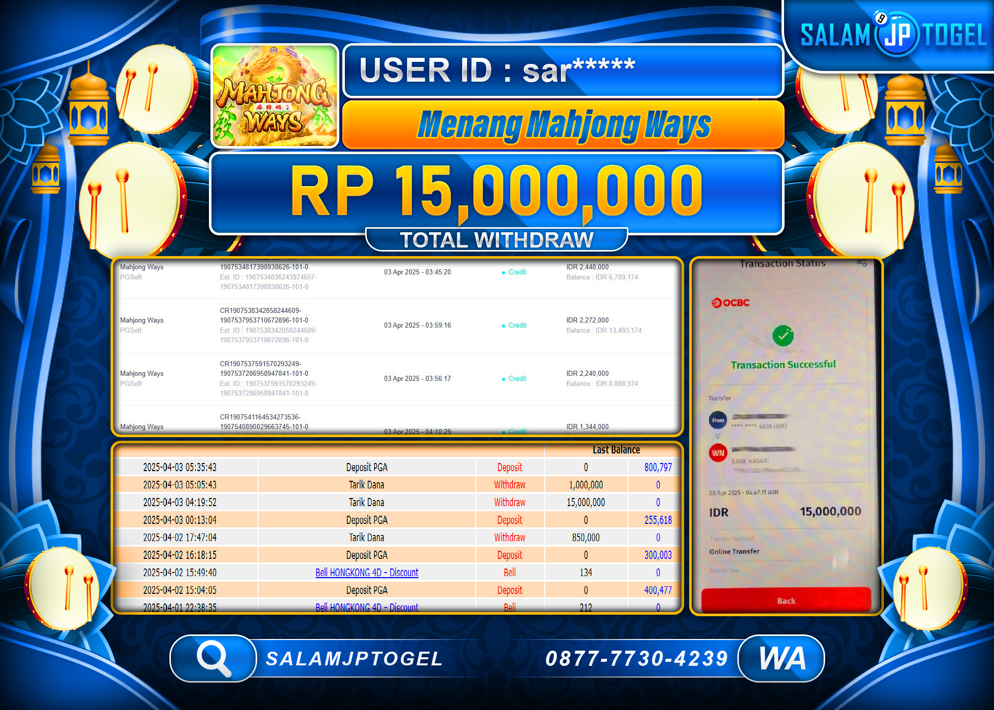 SALAMJPTOGEL MENANG MAHJONG WAYS  Rp. 15,000,000 LUNAS