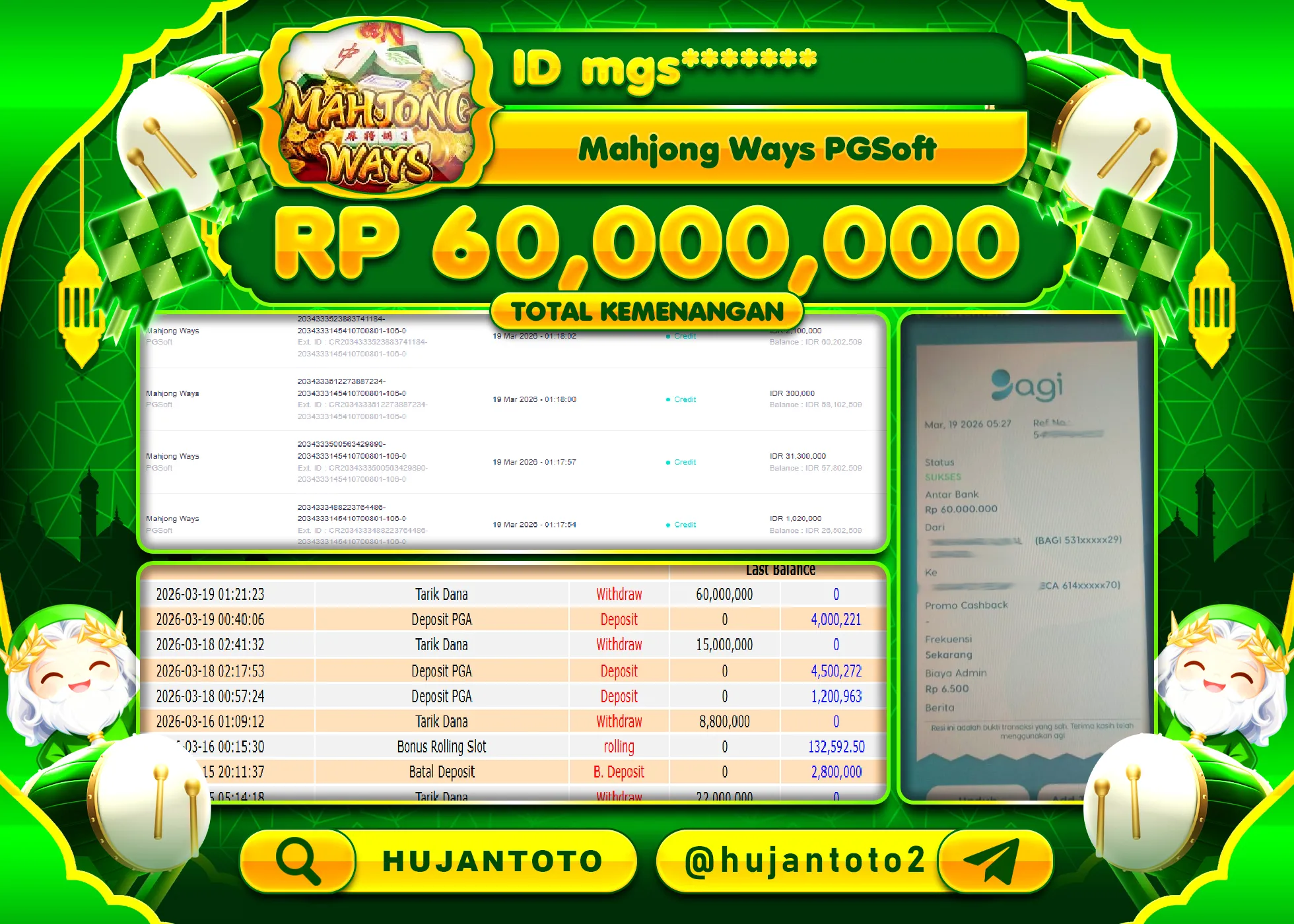 HUJANTOTO - BUKTI JACKPOT MENANG SLOT MAHJONG WAYS Rp.60,000,000 - TERBAYAR LUNAS