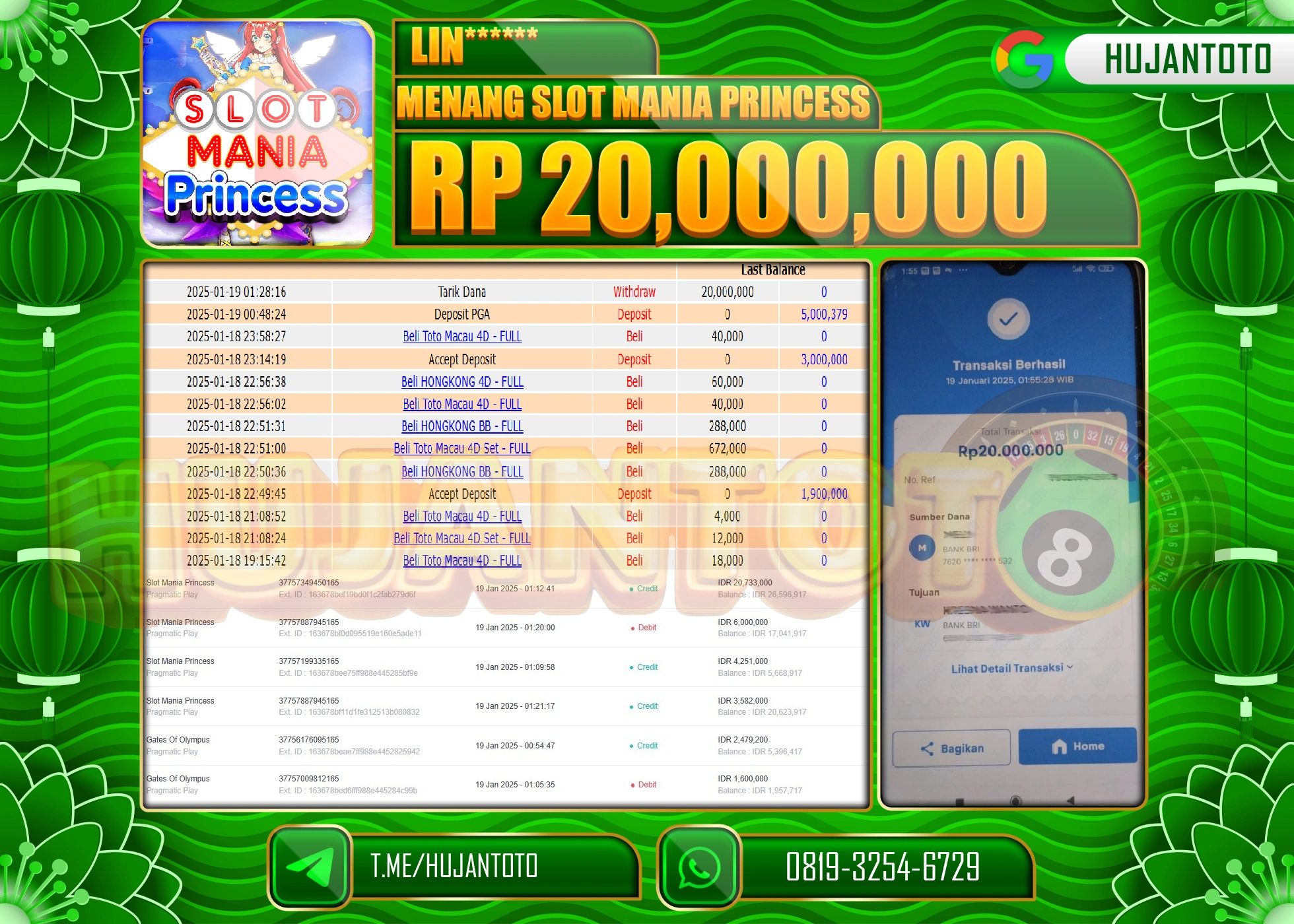 HUJANTOTO - BUKTI JACKPOT DI PERMAINAN SLOT MANIA PRINCESS Rp,20,000,000 - TERBAYAR LUNAS
