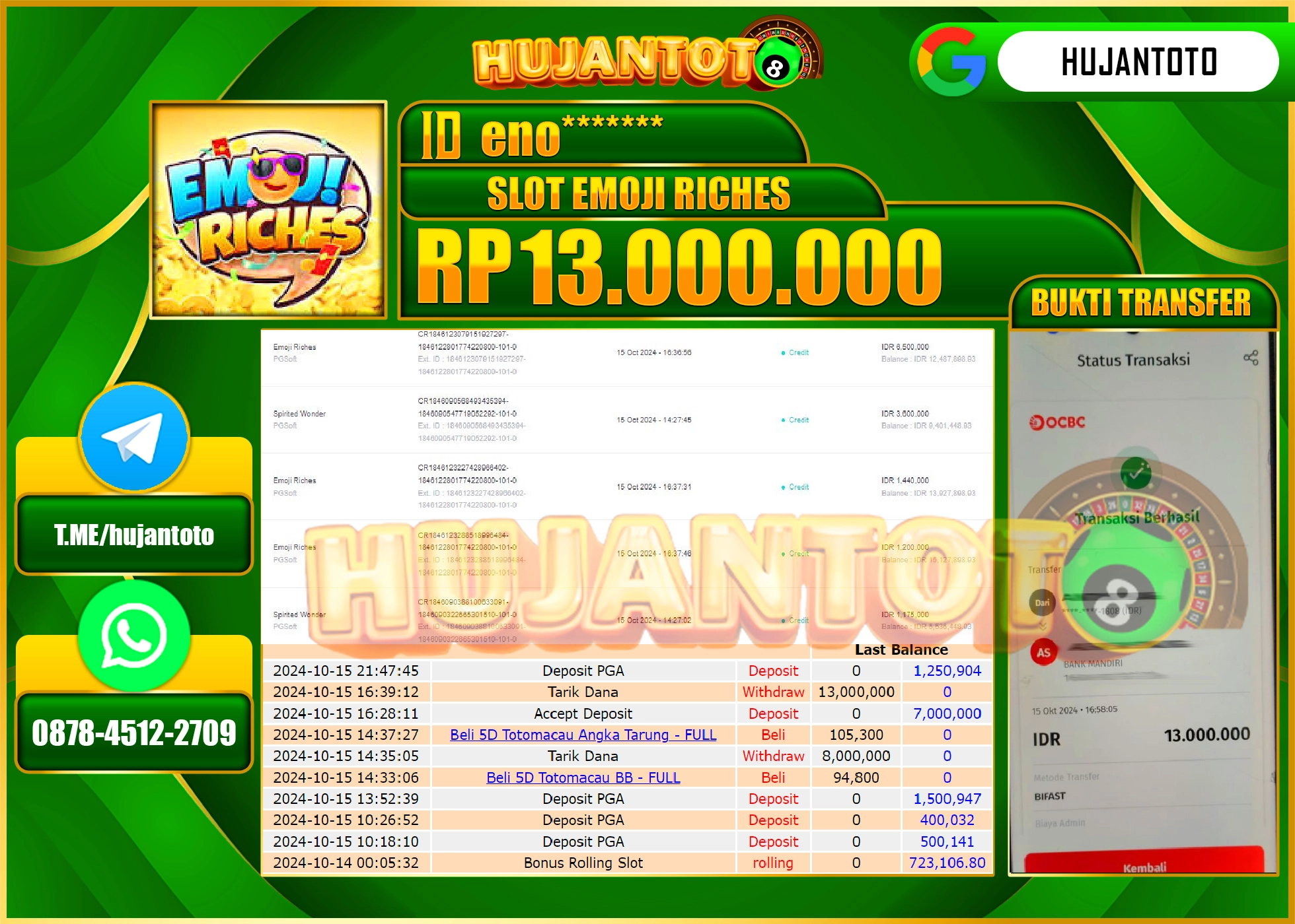 HUJANTOTO MENANG DI PERMAINAN SLOT EMOJI RICHES (PG SOFT) - 13,000,000- LUNAS 