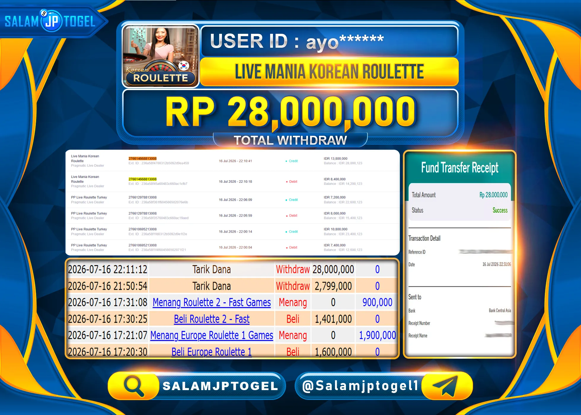 SALAMJPTOGEL MEMBER JACKPOT MENANG LIVE MANIA KOREAN - (CASINO) Rp.28,000,000 - LUNAS