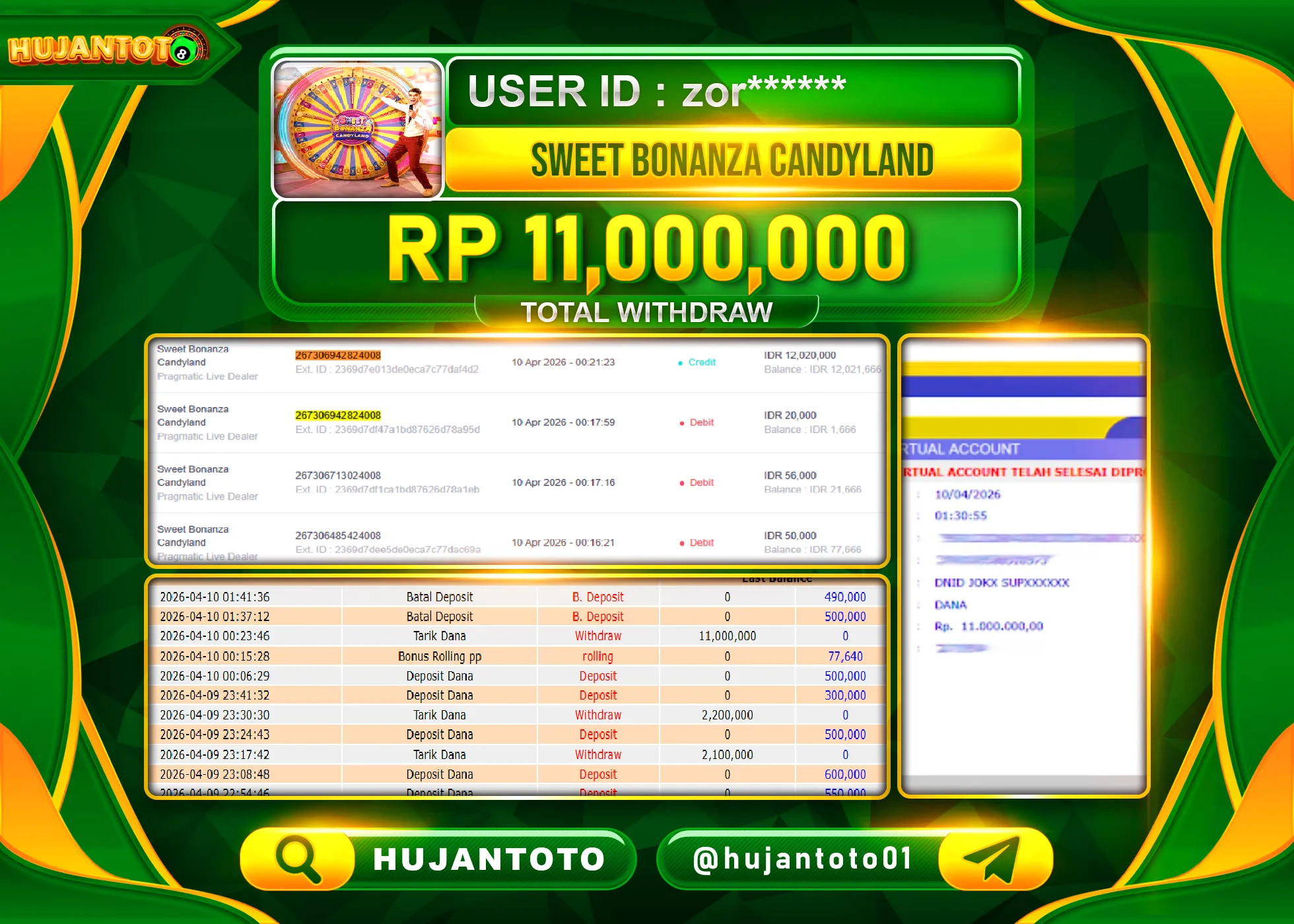 HUJANTOTO - BUKTI JACKPOT MENANG LIVEGAME SWEET BONANZA CANDYLAND Rp.11,000,000 - TERBAYAR LUNAS
