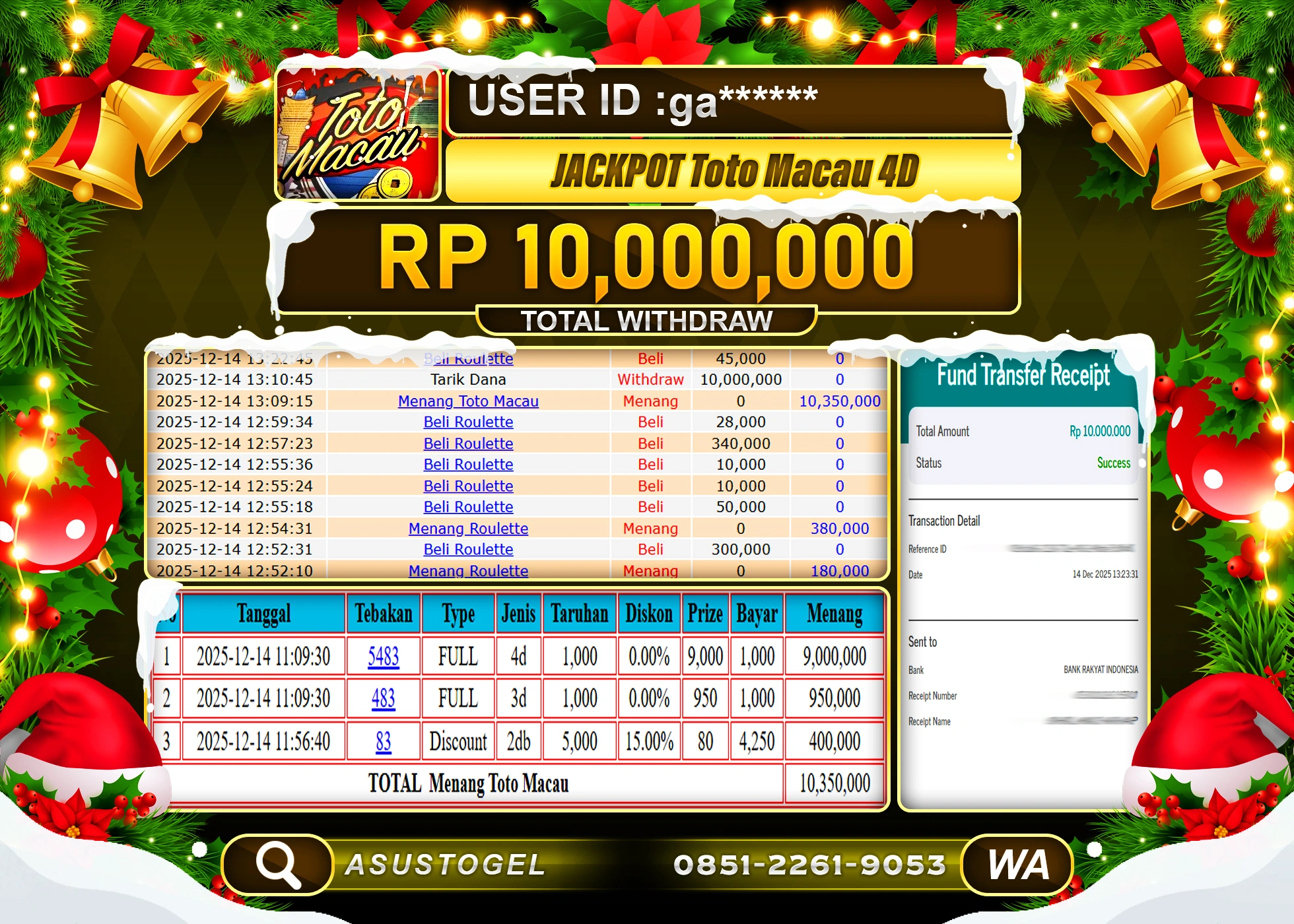 ASUSTOGEL KEMENANGAN DI TOGEL TOTO MACAU 4D SEBESAR 10,000,000 - RUPIAH LUNAS