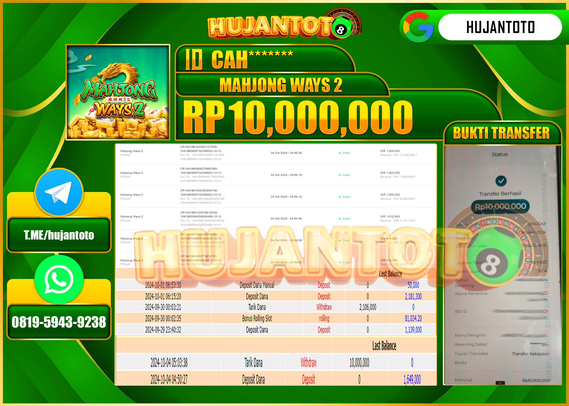 HUJANTOTO MENANG BESAR DI PERMAINAN MENANG MAHJONG WAYS 2 - 10.000,000 - LUNAS 