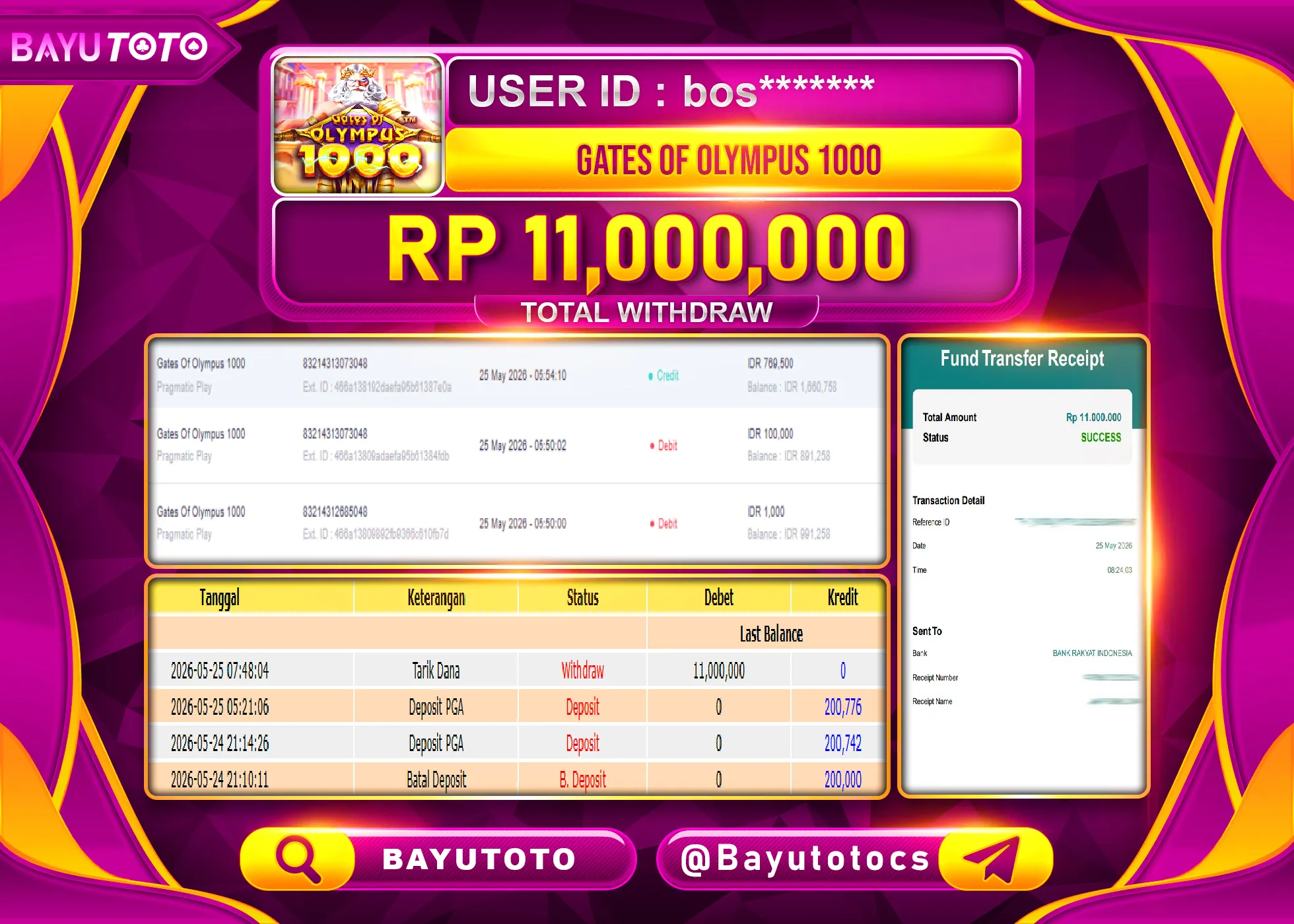 SELAMAT MEMBER SETIA BAYUTOTO JACKPOT DI SLOT GATES OF OLYMPUS 1000 Rp. 11,000,000 LUNAS