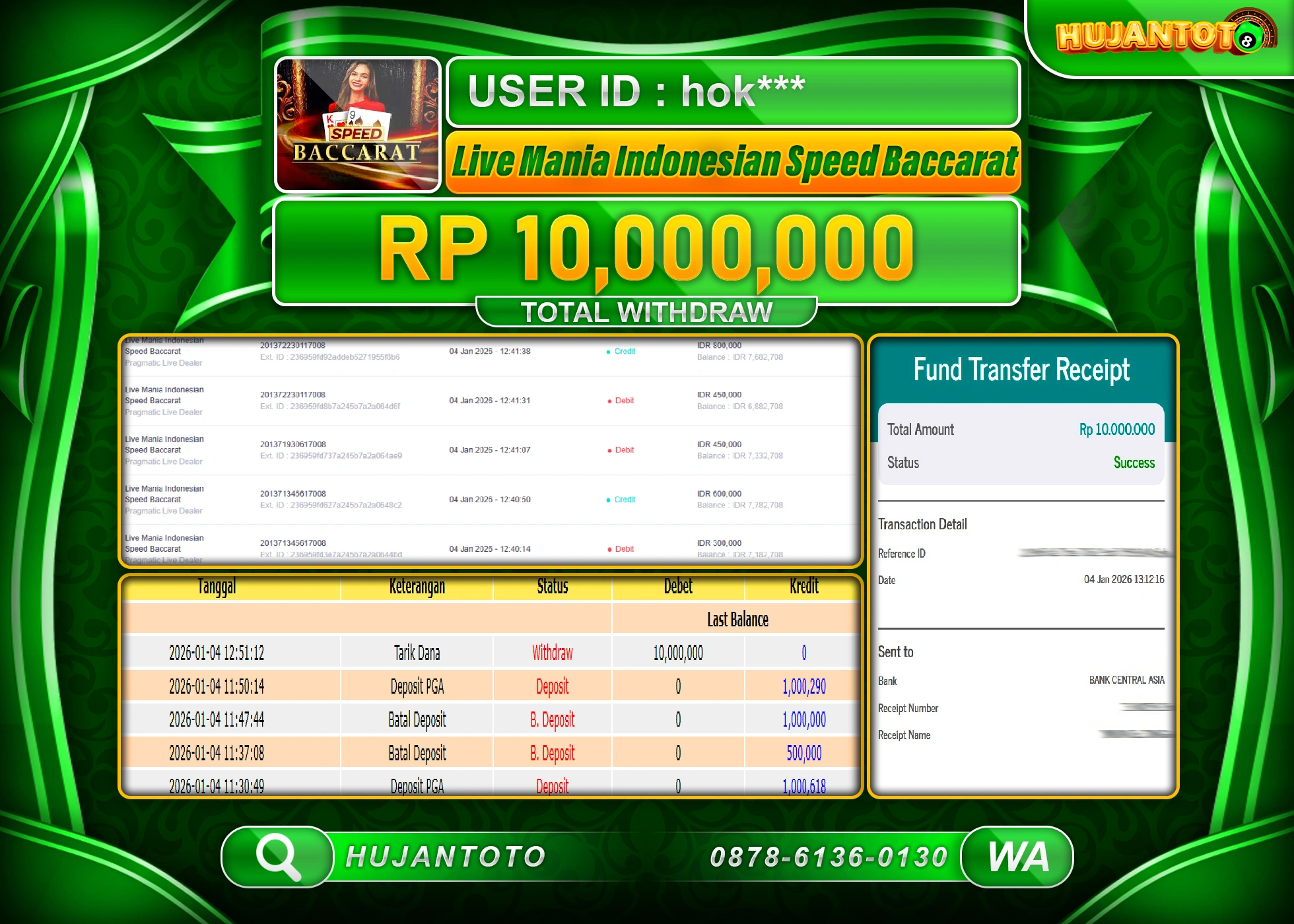 HUJANTOTO - BUKTI JACKPOT MENANG LIVE MANIA INDONESIA SPEED BACCARAT Rp.10,000,000 - TERBAYAR LUNAS