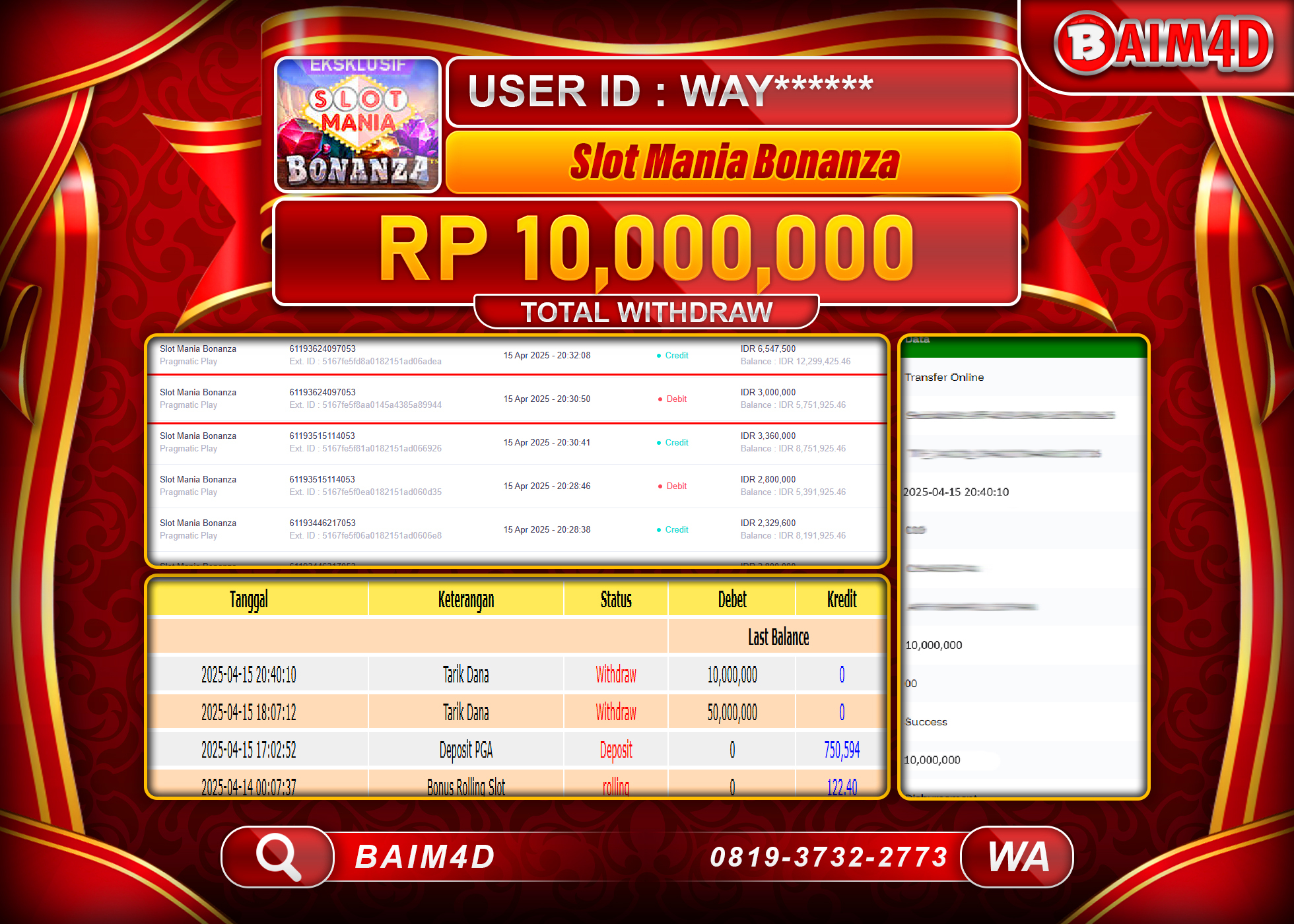 BAIM4D MENANG  JACKPOTS SLOT MANIA BONANZA  Rp.10.000,000.- LUNAS