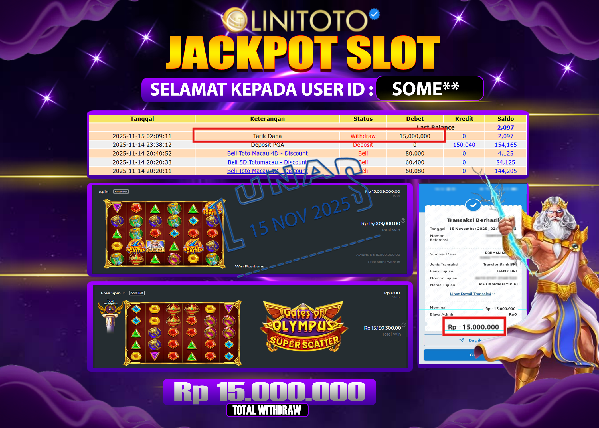 LINITOTO JACKPOT SLOT GATES OF OLYMPUS SUPER SCATTER Rp.15.000.000- LUNAS
