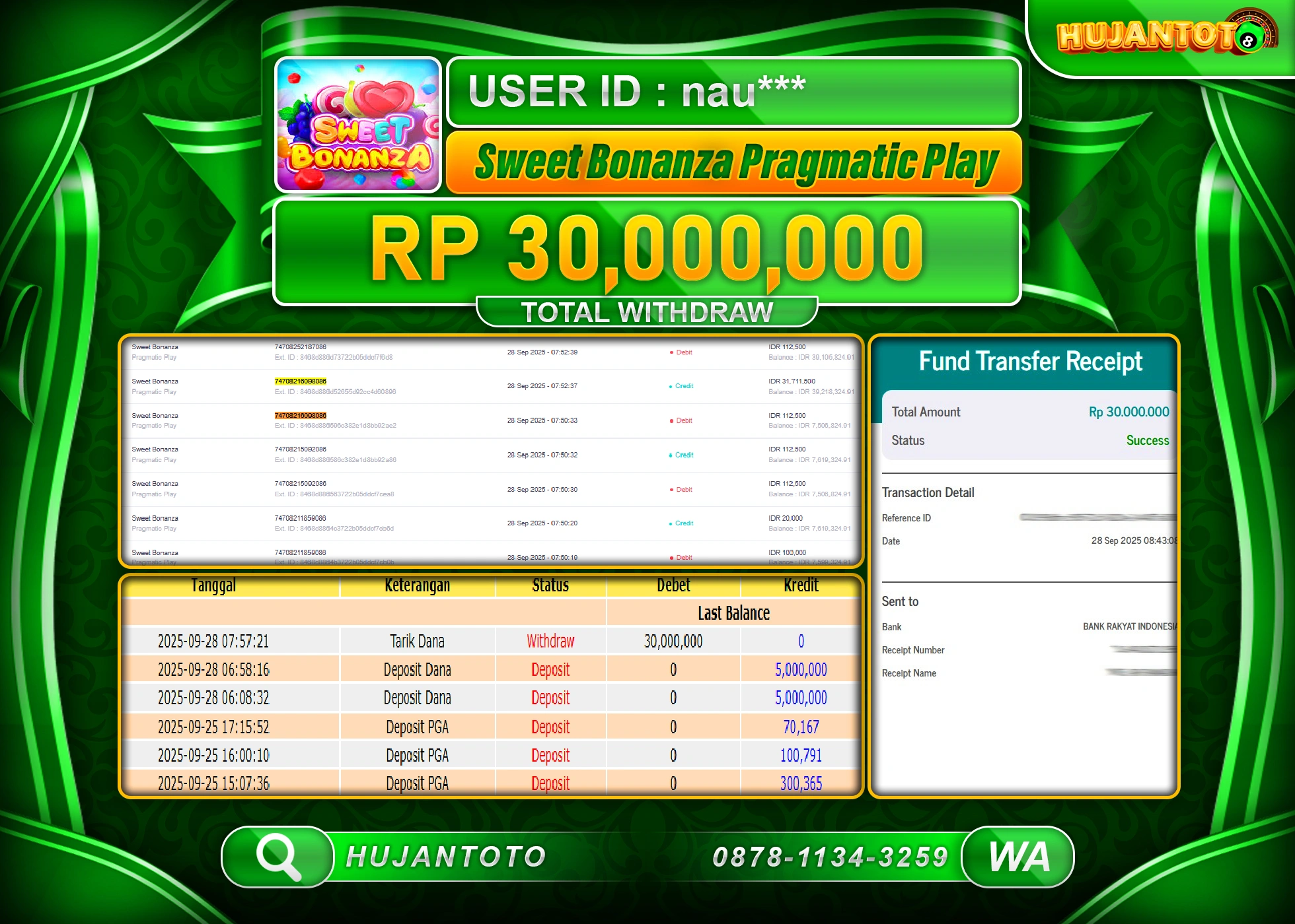 HUJANTOTO - BUKTI JACKPOT MENANG SLOT SWEET BONANZA  Rp.30,000,000 - TERBAYAR LUNAS