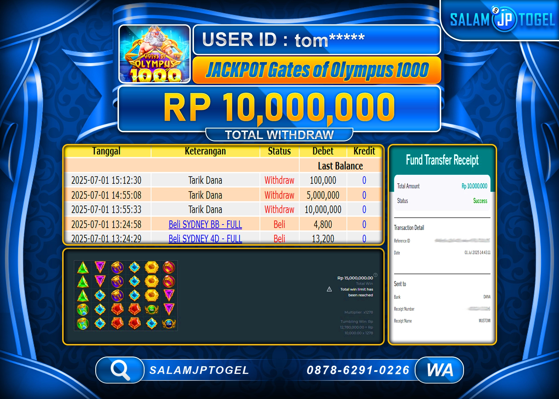 SALAMJPTOGEL MENANG JACKPOT Gates Of Olympus 1000 Rp.10,000,000 LUNAS
