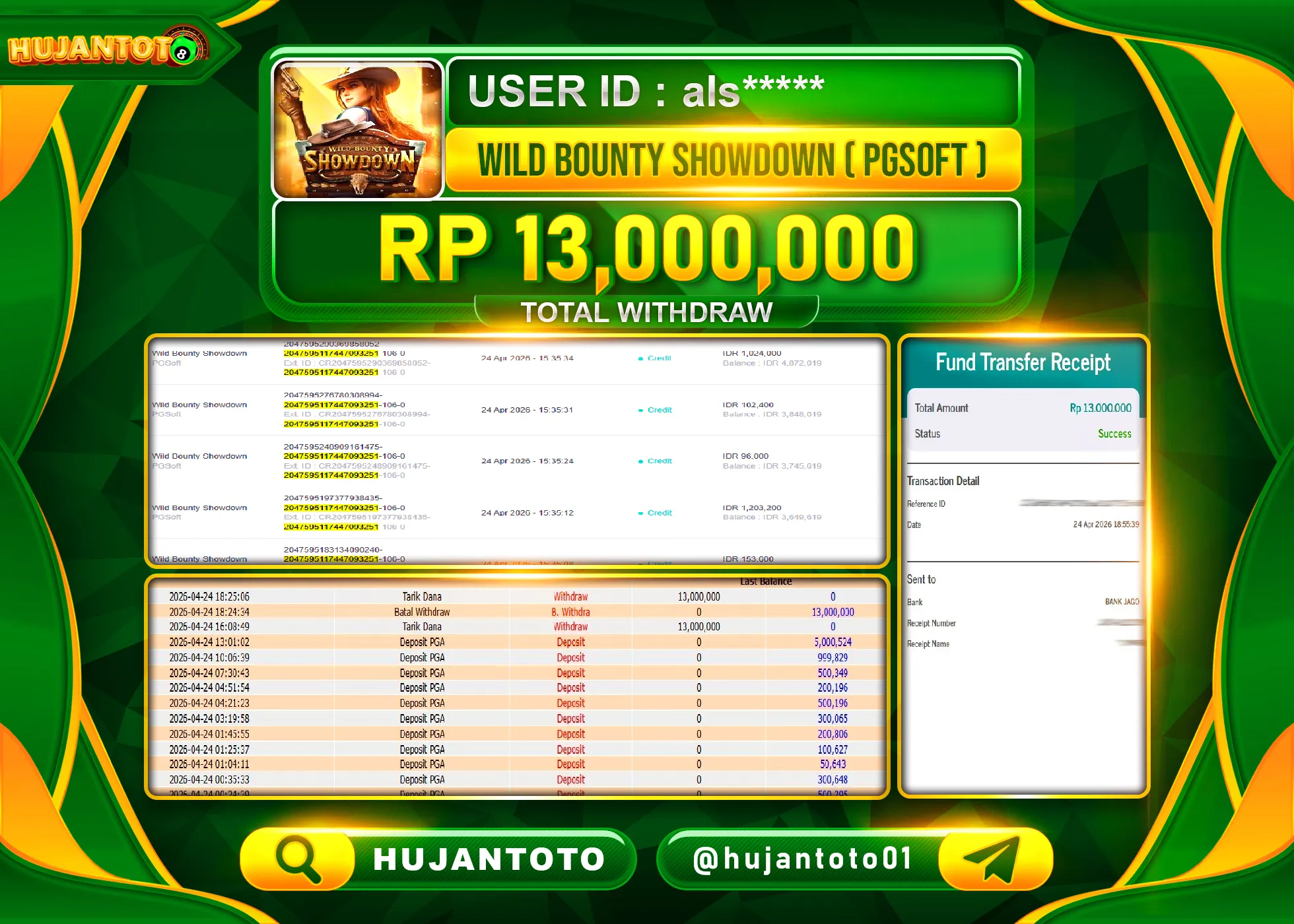 HUJANTOTO - BUKTI JACKPOT MENANG SLOT WILD BOUNTY SHOWDOWN Rp.13,000,000 - TERBAYAR LUNAS