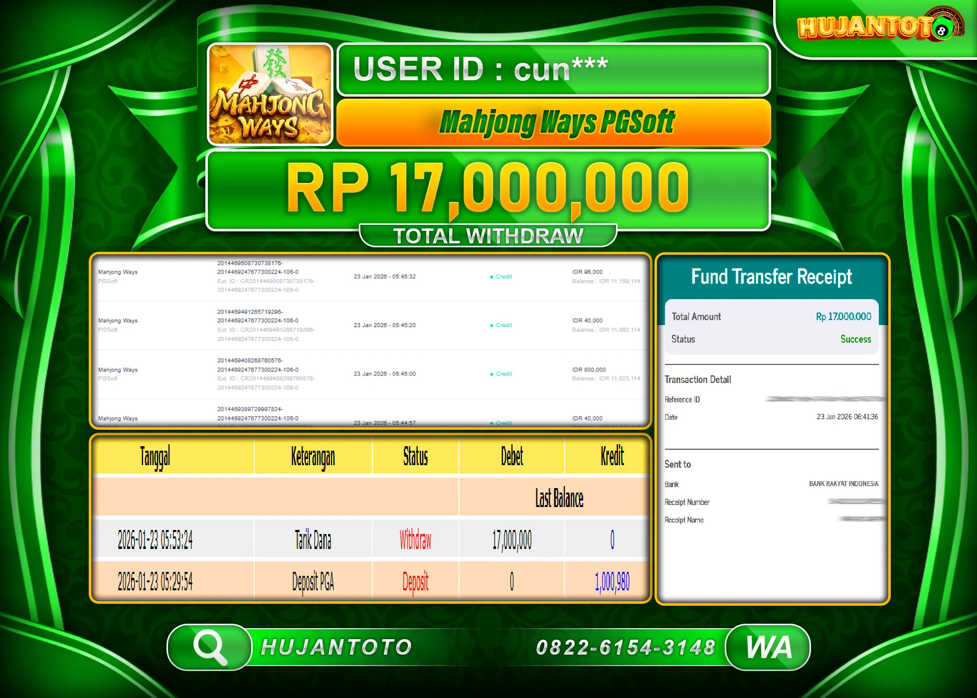 HUJANTOTO - BUKTI JACKPOT MENANG SLOT MAHJONG WAYS Rp.17,000,000 - TERBAYAR LUNAS