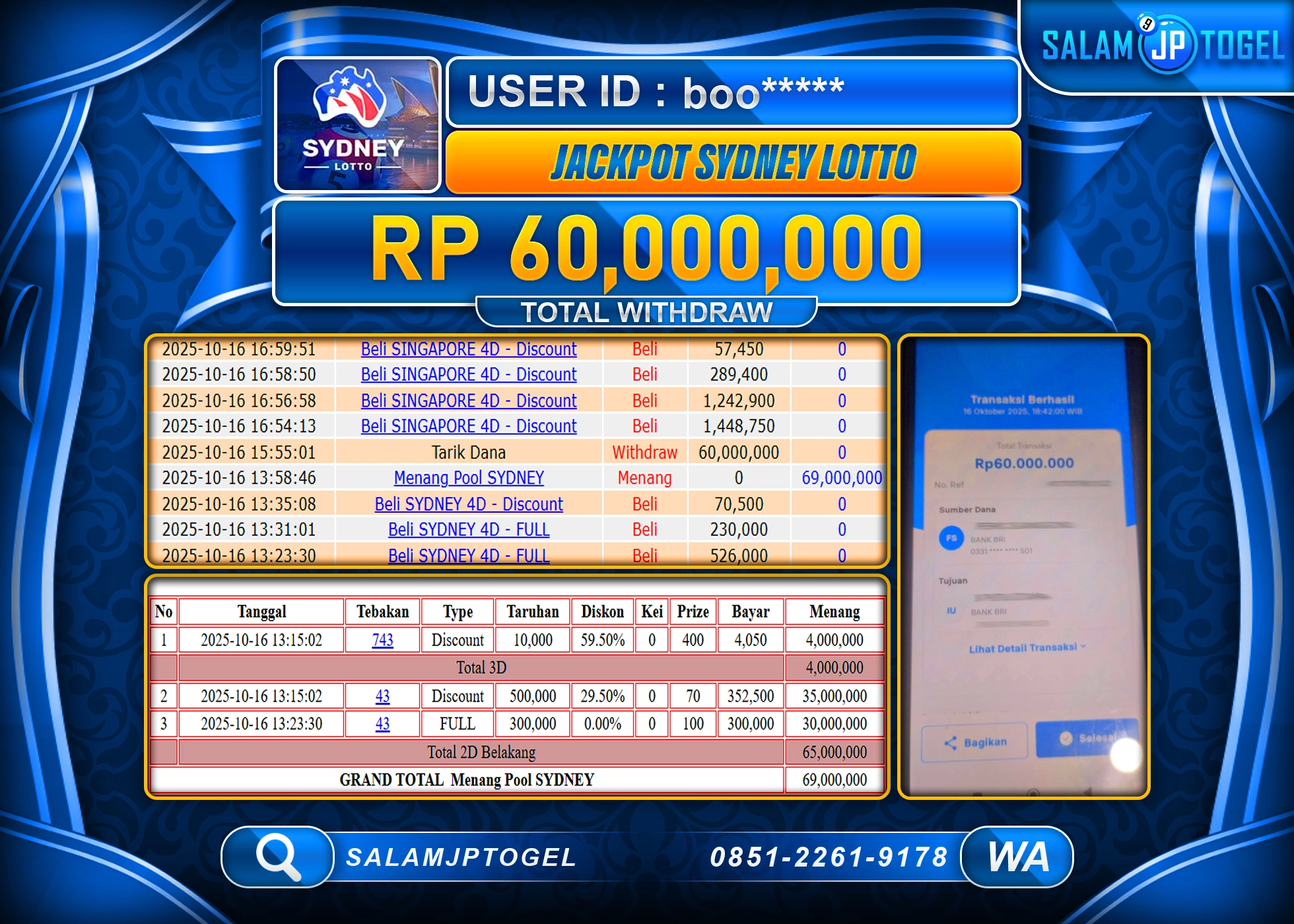SALAMJPTOGEL MENANG JACKPOT SYDNEY LOTTO Rp.60,000,000  - LUNAS