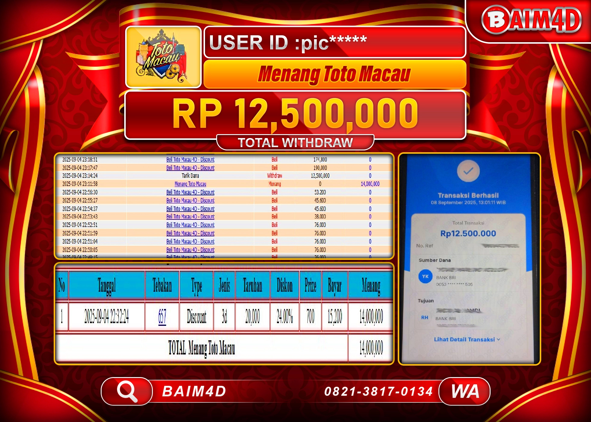 BAIM4D JACKPOT TOGEL TOTO MACAU 4D GAMES Rp.12,500,000.- LUNAS