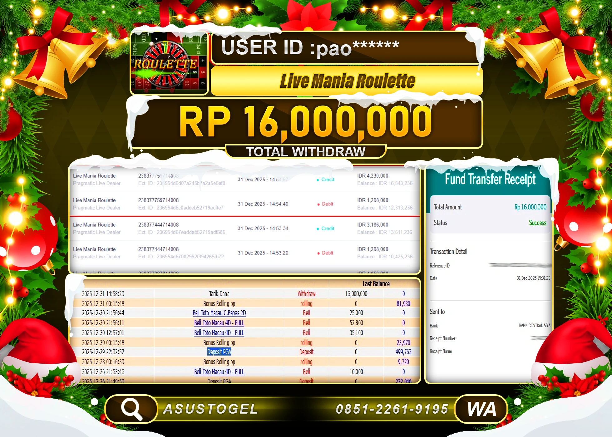 ASUSTOGEL KEMENANGAN DI LIVE MANIA ROULETTE GAME SEBESAR 16,000,000 - RUPIAH LUNAS
