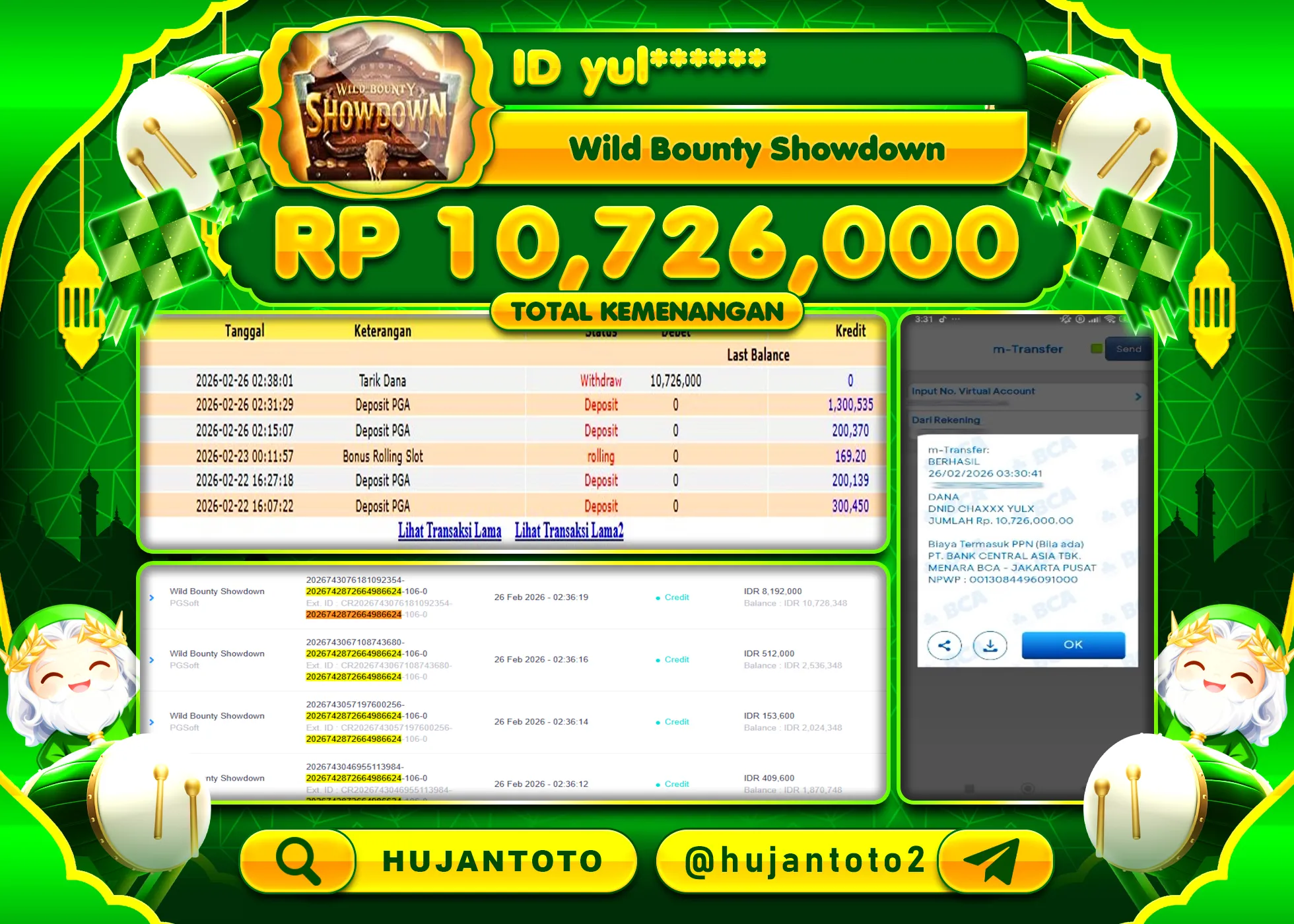 HUJANTOTO - BUKTI JACKPOT MENANG SLOT WILD BOUNTY SHOWDOWN Rp.10,726,000 - TERBAYAR LUNAS