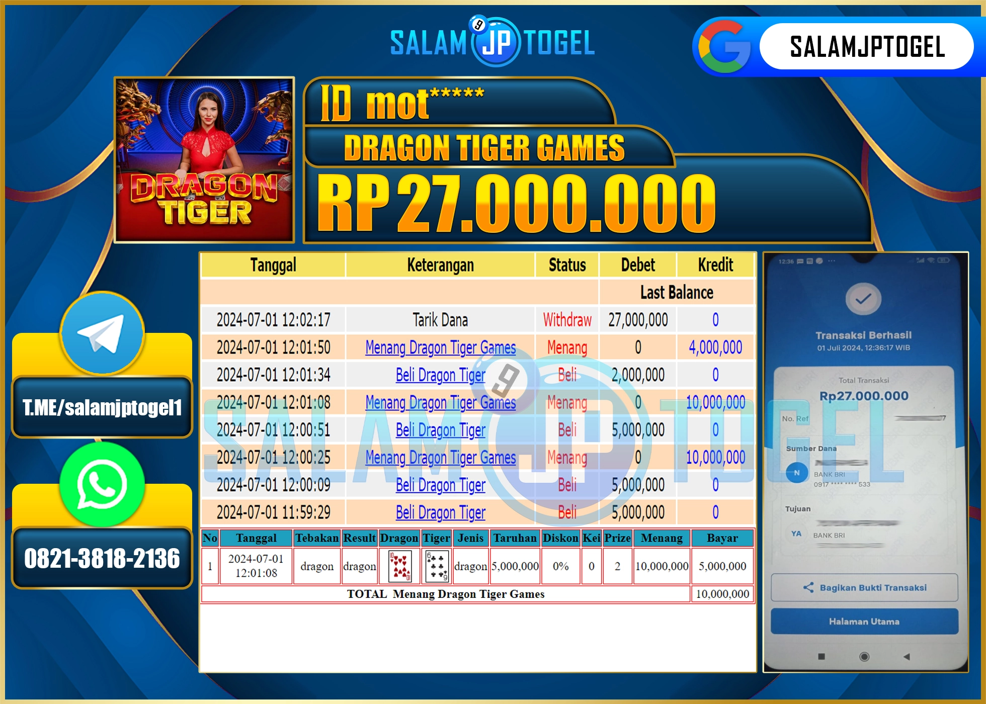 SALAMJPTOGEL MENANG DRAGON TIGER GAME  RP. 27,000,000.,LUNAS