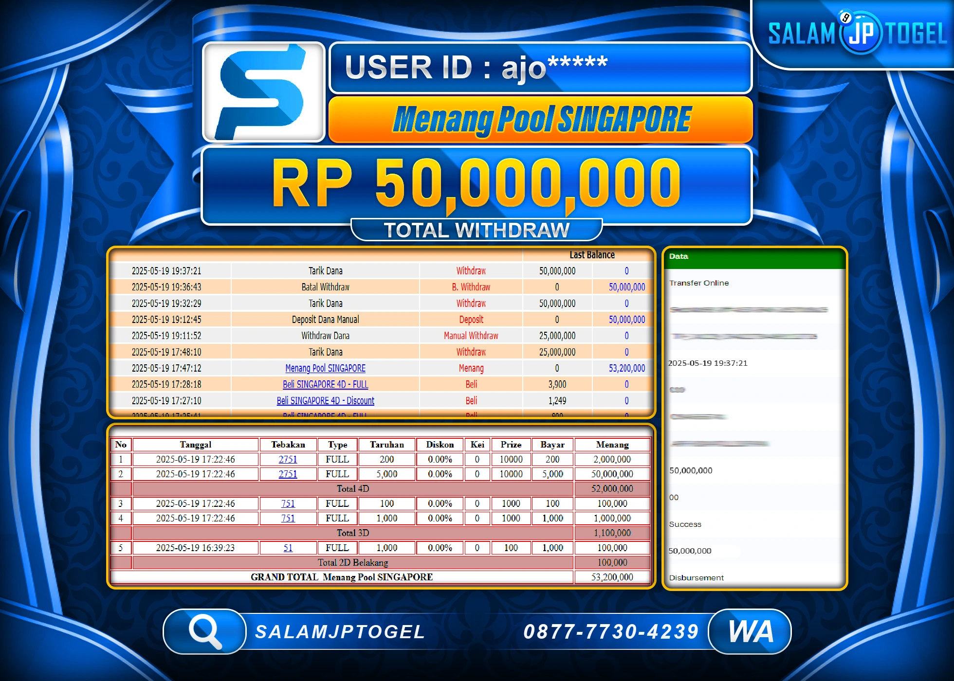 SALAMJPTOGEL MENANG POOL SINGAPORE Rp.50,000,000 LUNAS