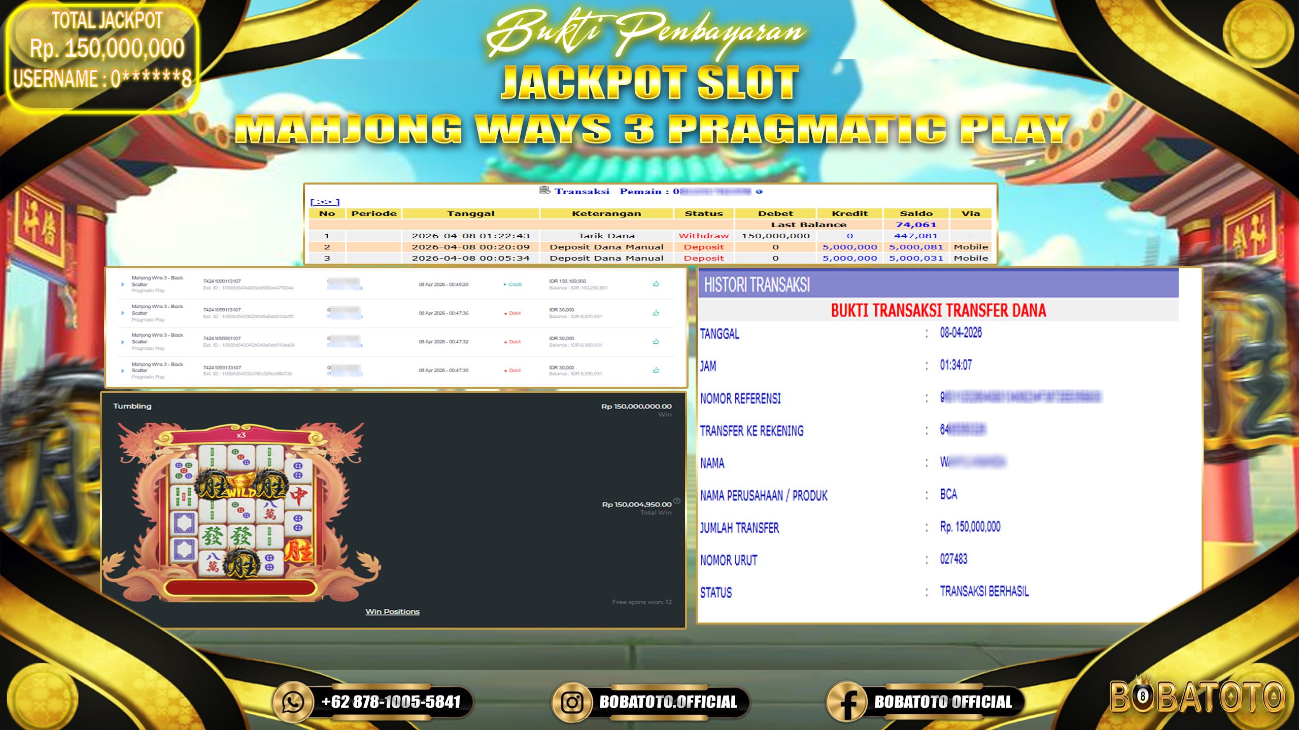 BOBATOTO JACKPOT SLOT PRAGMATIC MAHJONG WINS 3 BLACK SCATER Rp.150,000,000,- LUNAS!!