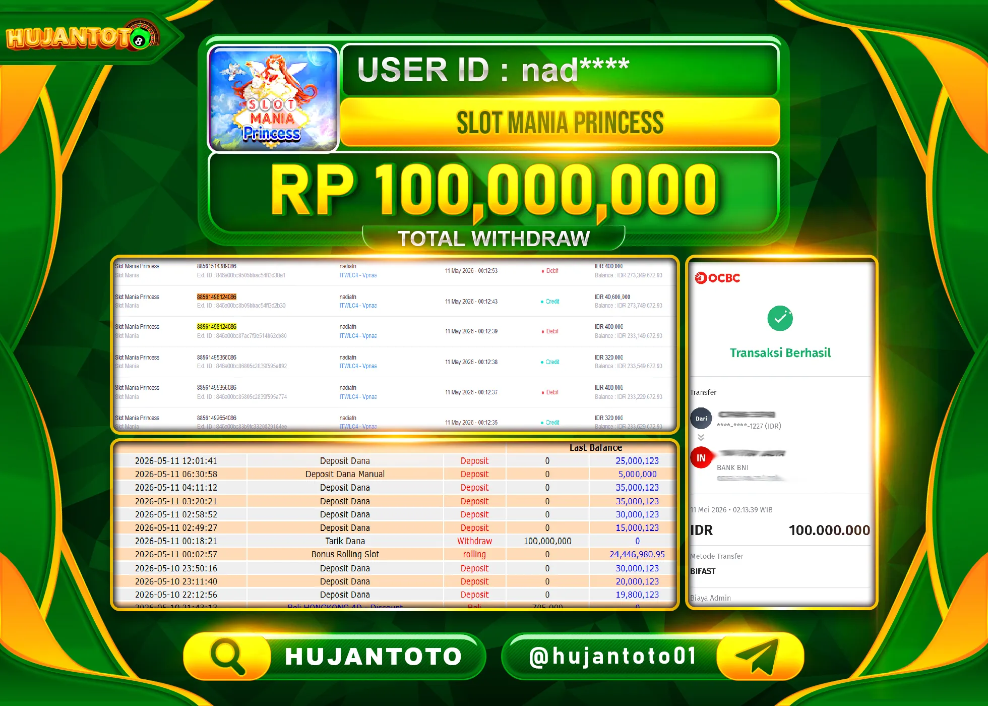 HUJANTOTO - BUKTI JACKPOT MENANG SLOT MANIA PRINCESS Rp.100,000,000 - TERBAYAR LUNAS