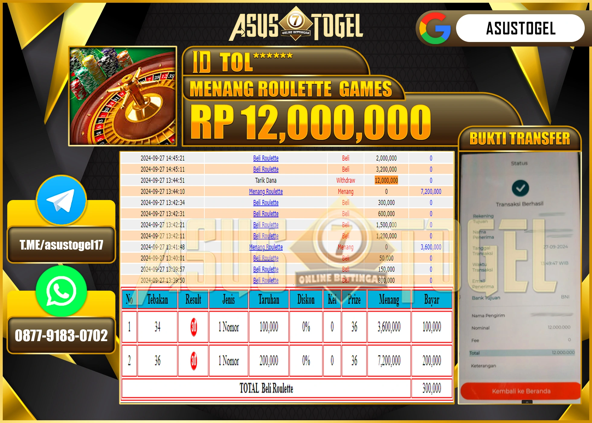 ASUSTOGEL KEMENANGAN DI PERMAINAN ROULETTE GAMES SEBESAR 12,000,000- RUPIAH LUNAS