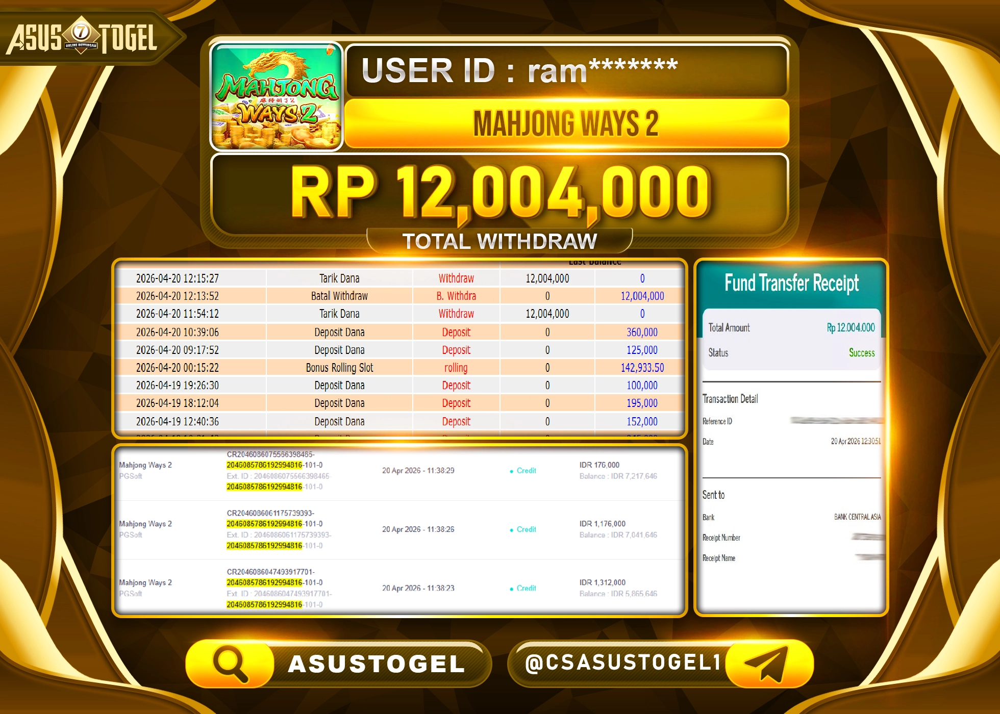 ASUSTOGEL KEMENANGAN JACKPOT DI PERMAINAN SLOT MAHJONG WAYS 2 SEBESAR Rp.12,004,000 - RUPIAH LUNAS