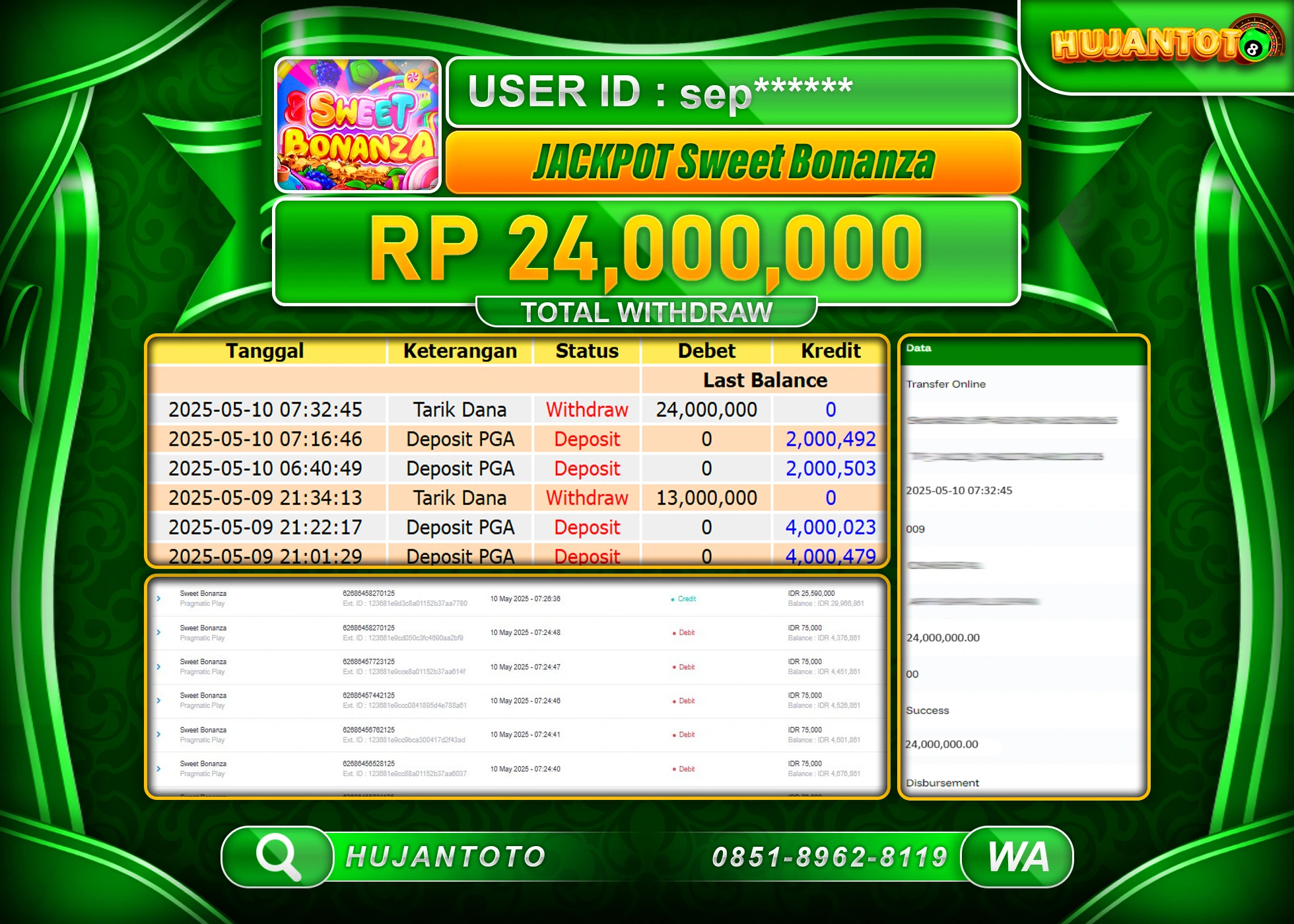HUJANTOTO - BUKTI JACKPOT MENANG SLOT SWEET BONANZA  Rp,24,000,000 - TERBAYAR LUNAS