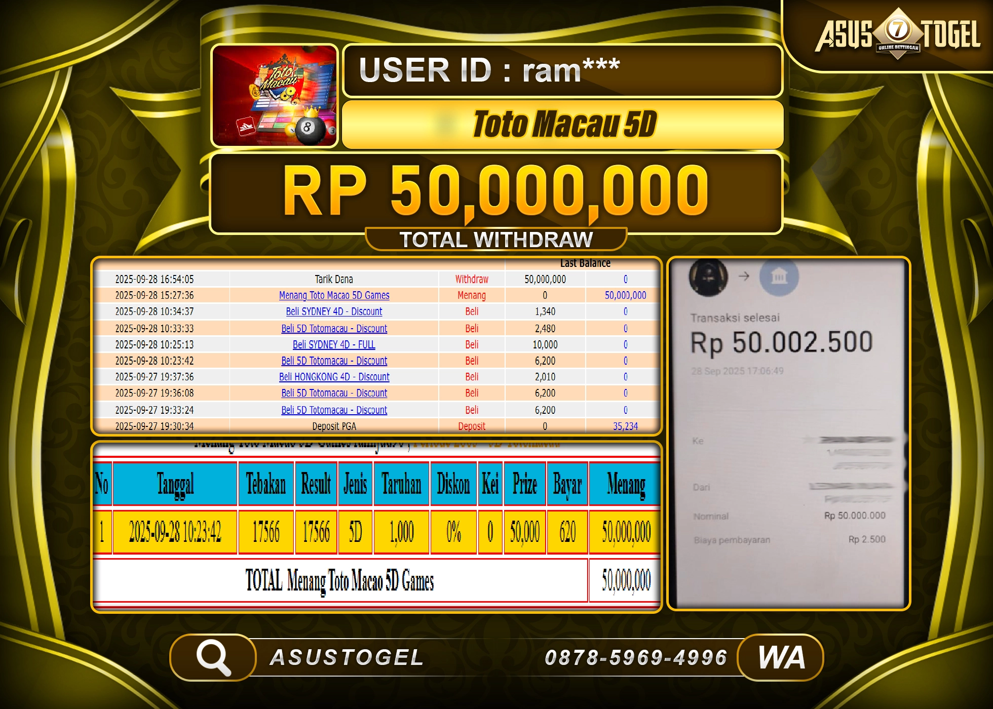 ASUSTOGEL KEMENANGAN DI TOGEL TOTO MACAU 5D SEBESAR 50,000,000- RUPIAH LUNAS