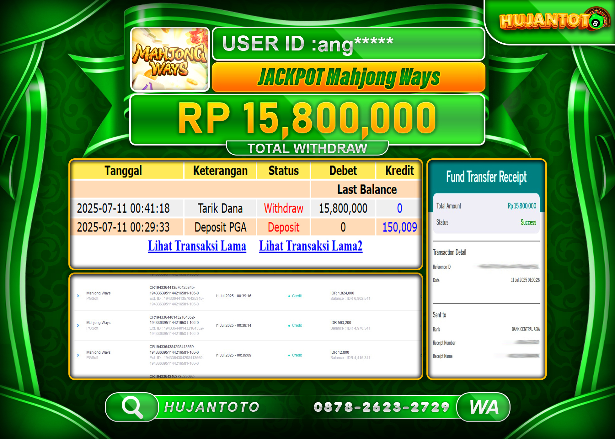   HUJANTOTO - BUKTI JACKPOT MENANG SLOT MAHJONG WAYS 2 Rp.15,800,000  - TERBAYAR LUNAS