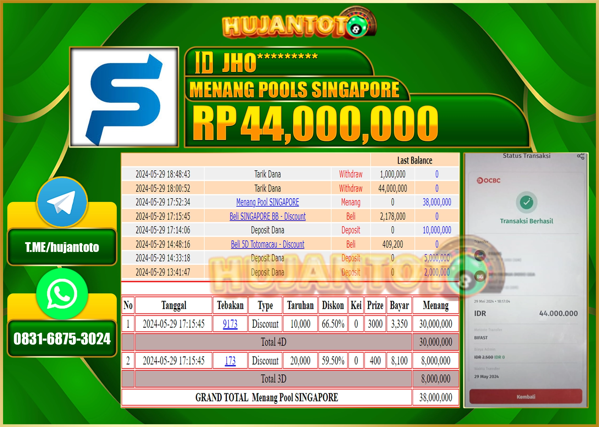 HUJANTOTO MENANG POOLS SINGAPORE  44,000,000 - LUNAS