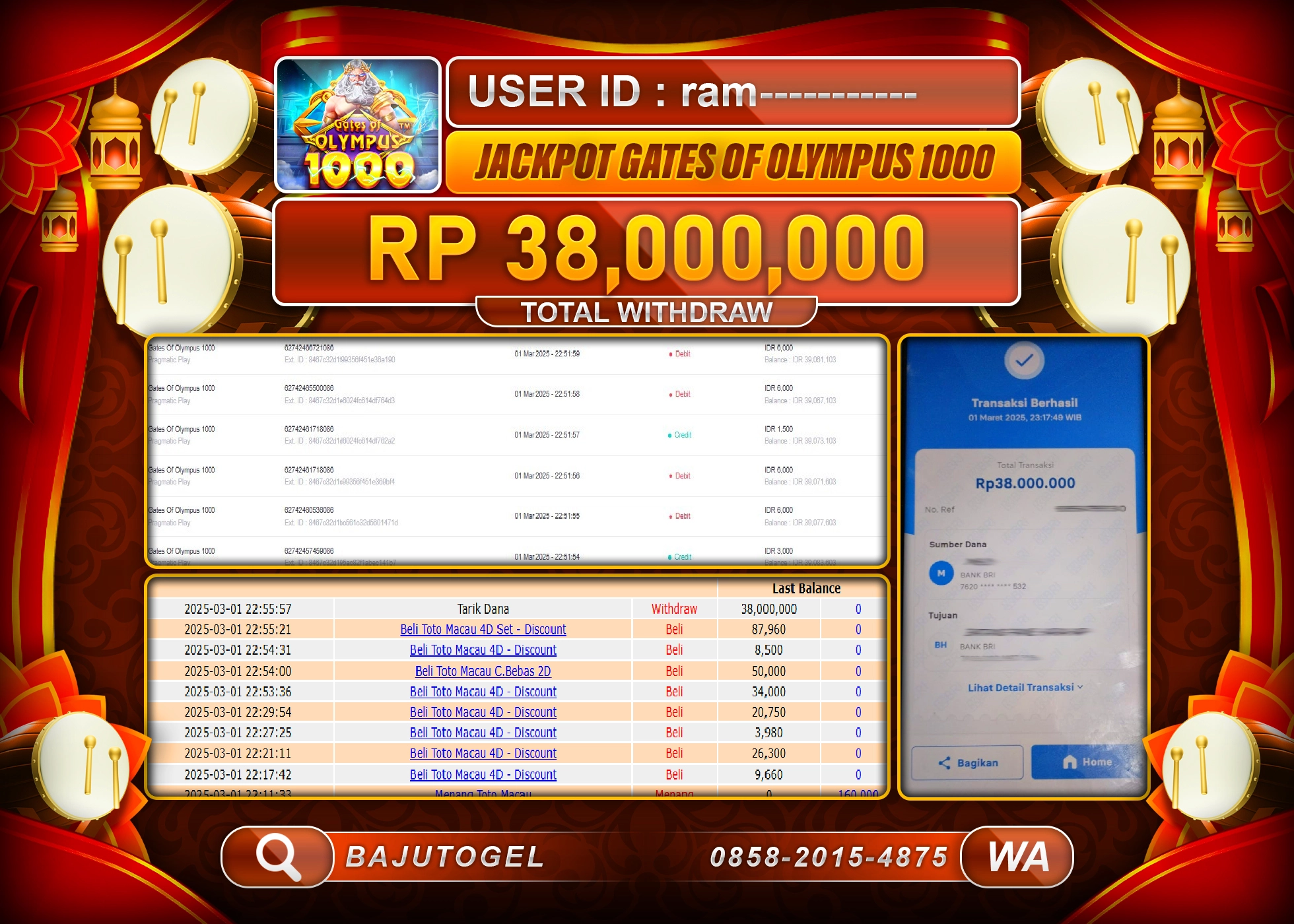 BAJUTOGEL KEMENANGAN GATES OF OLYMPUS 1000 Rp.38.000.000 LUNAS