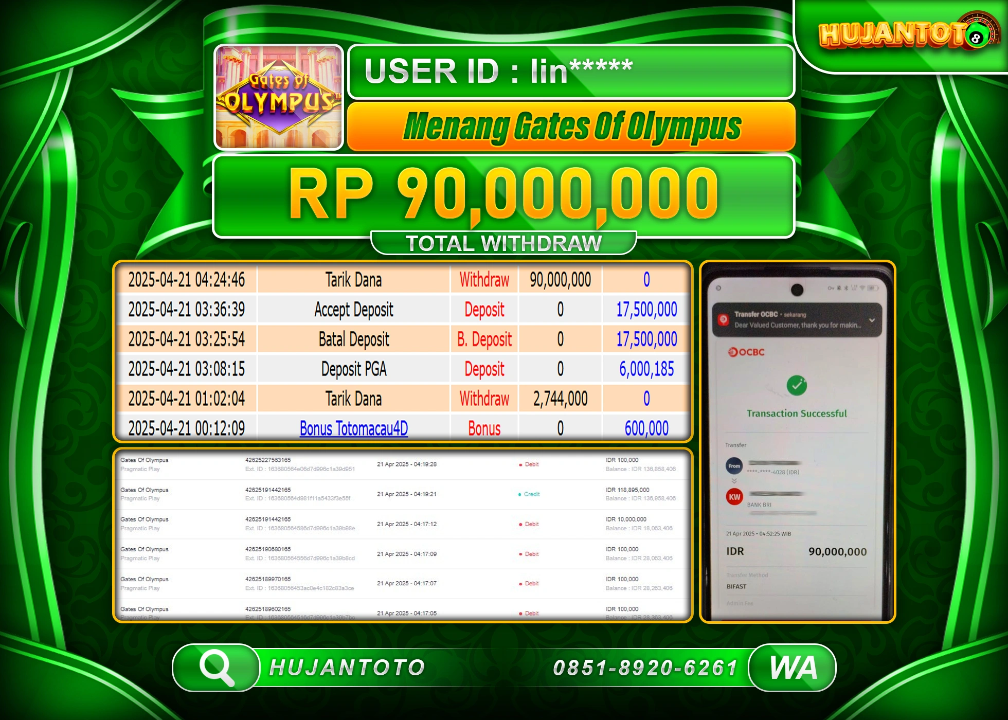 HUJANTOTO - BUKTI JACKPOT MENANG SLOT GATES OF OLYMPUS Rp,90,000,000 - TERBAYAR LUNAS