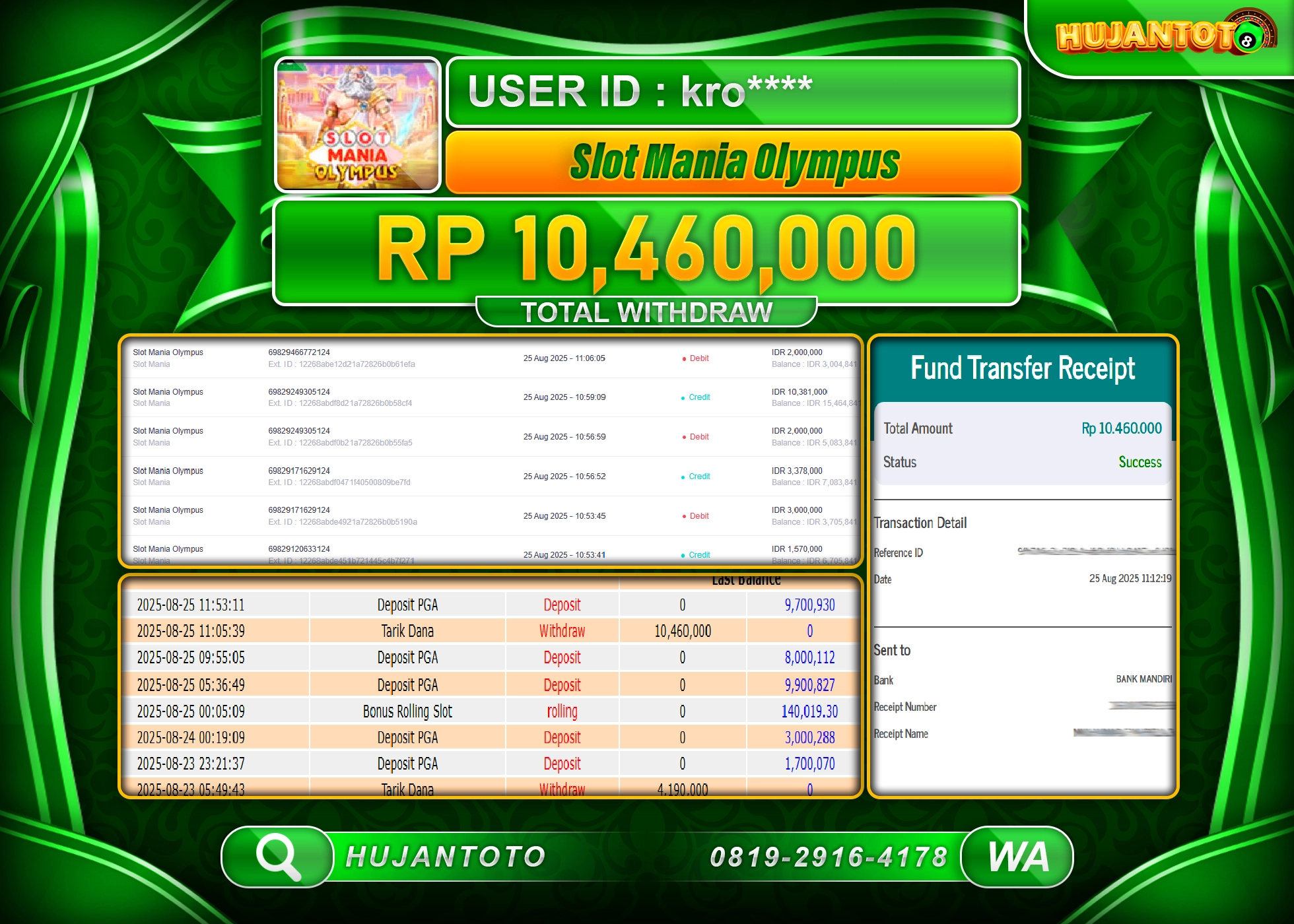 HUJANTOTO - BUKTI JACKPOT MENANG SLOT MANIA OLYMPUS Rp.10,460,000 - TERBAYAR LUNAS