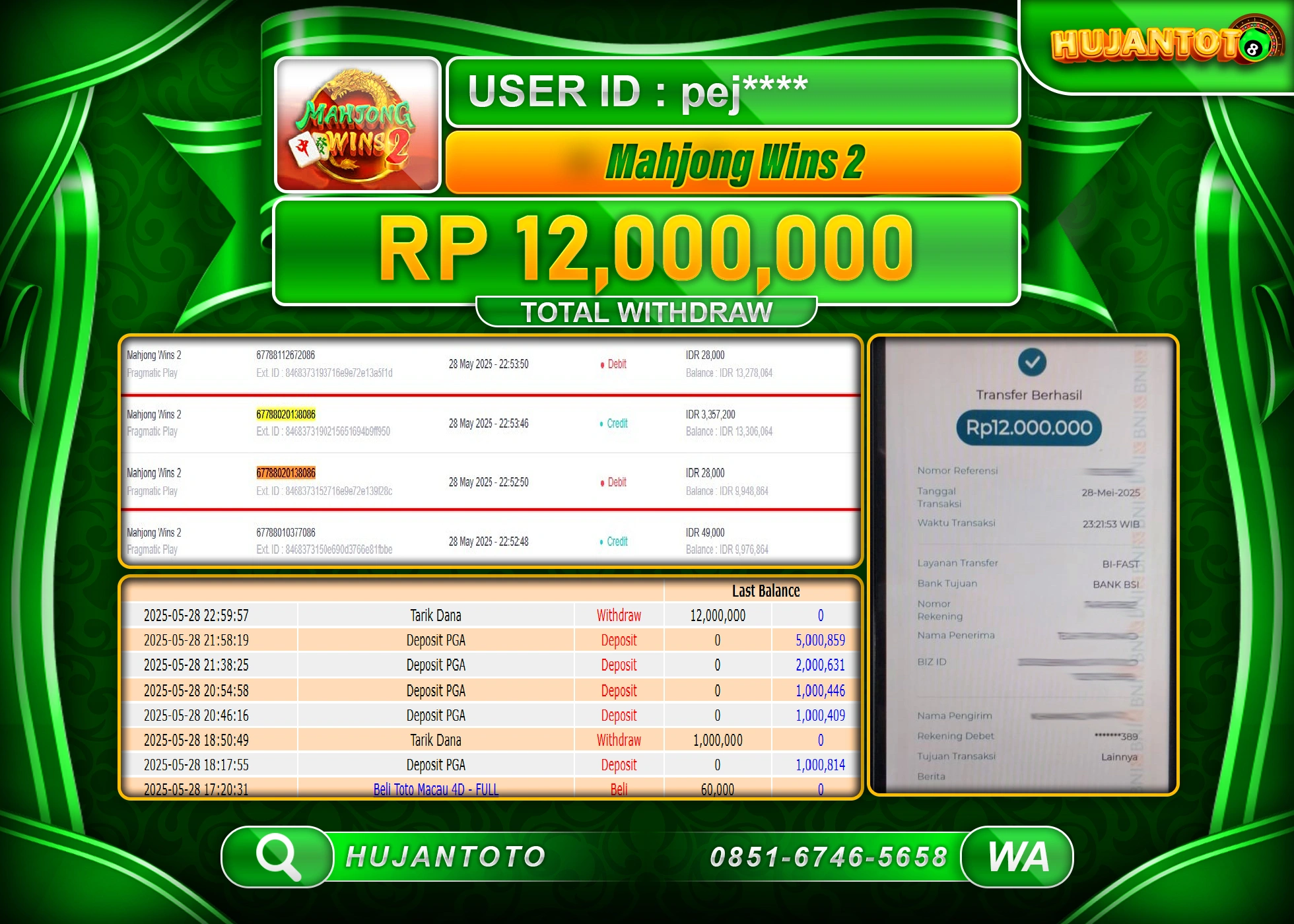 HUJANTOTO - BUKTI JACKPOT MENANG SLOT MAHJONG WINS 2  Rp.12,000,000 - TERBAYAR LUNAS