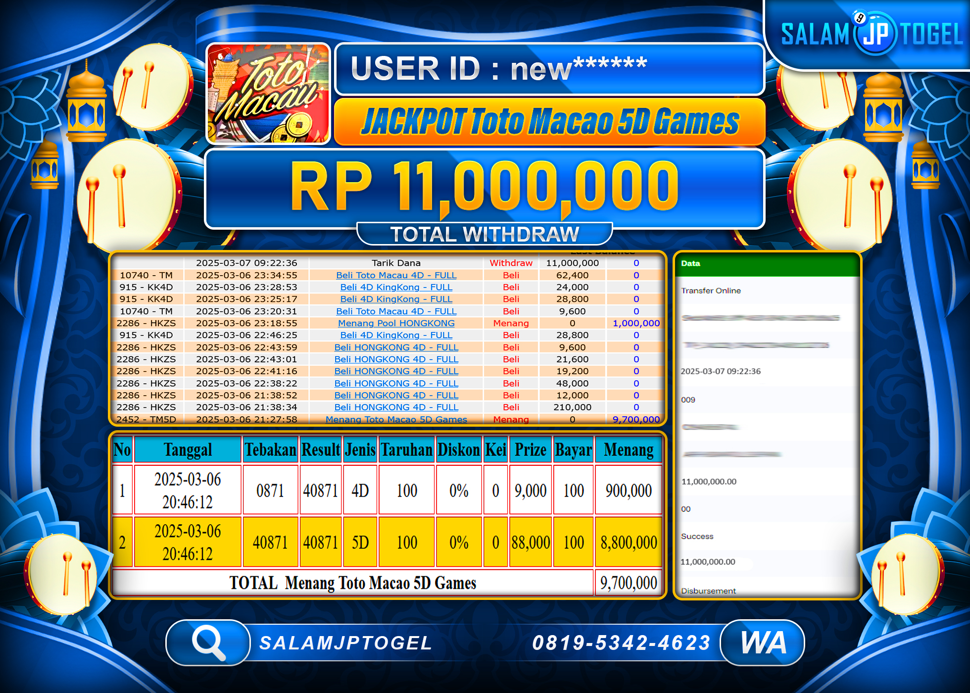 SALAMJPTOGEL MENANG TOTO MACAU 5D Rp. 11,000,000 LUNAS