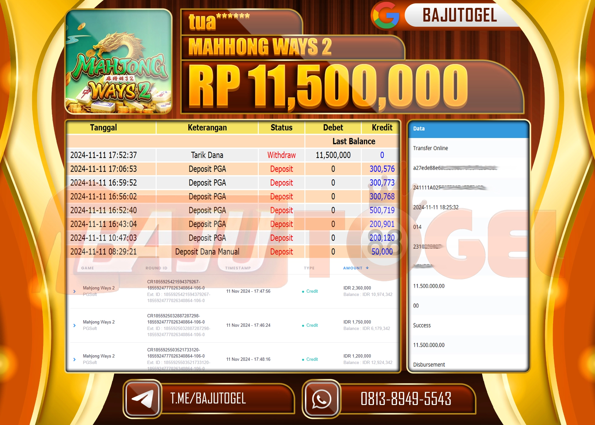 BAJUTOGEL JACKPOT GAMES MAHJONG WAYS 2 Rp 11,500,000 LUNAS