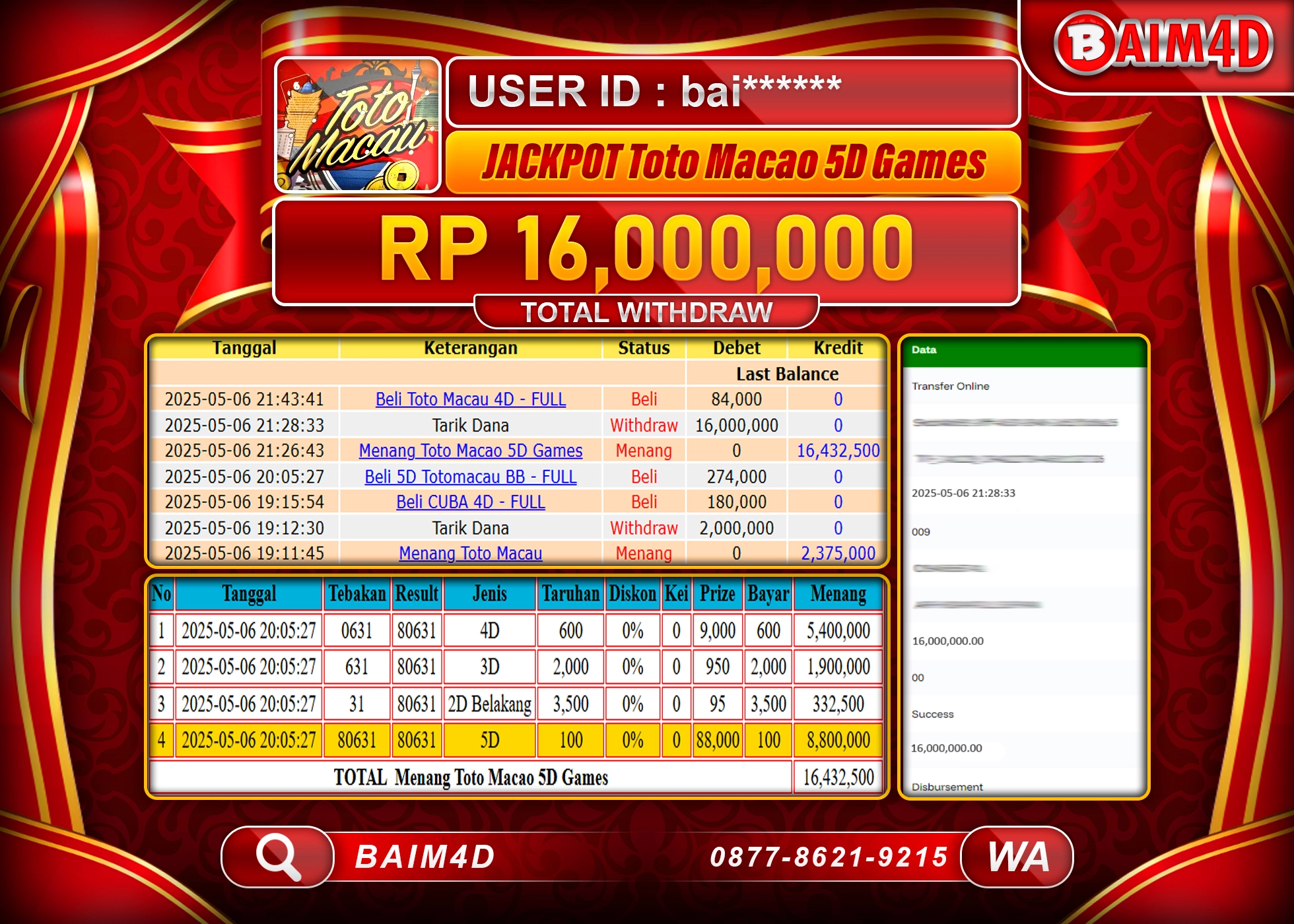 BAIM4D MENANG JACKPOT TOTO MACAU 5D Rp16,000,000 - LUNAS
