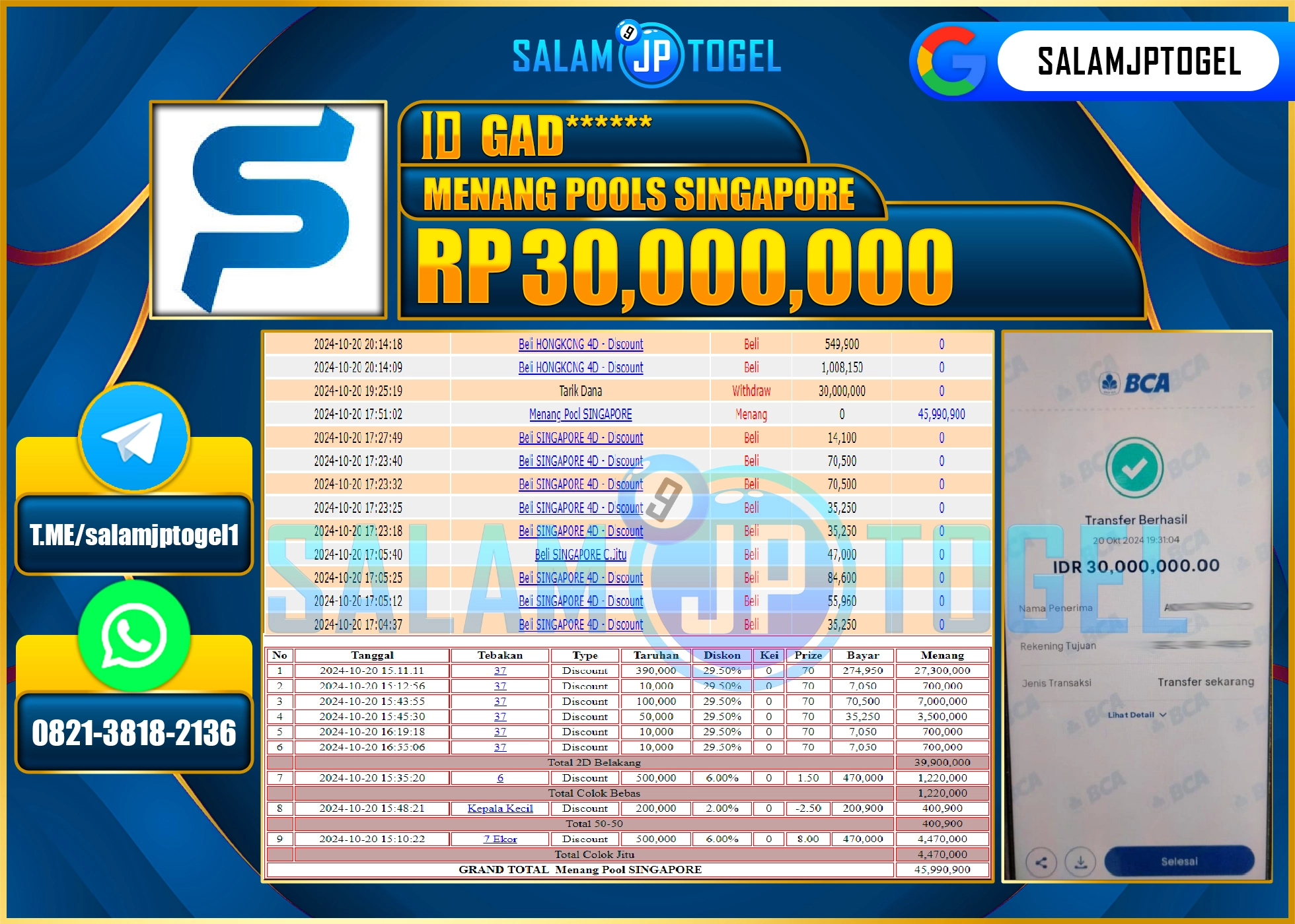 SALAMJPTOGEL MENANG POOLS SINGAPORE RP. 30,000,000 LUNAS