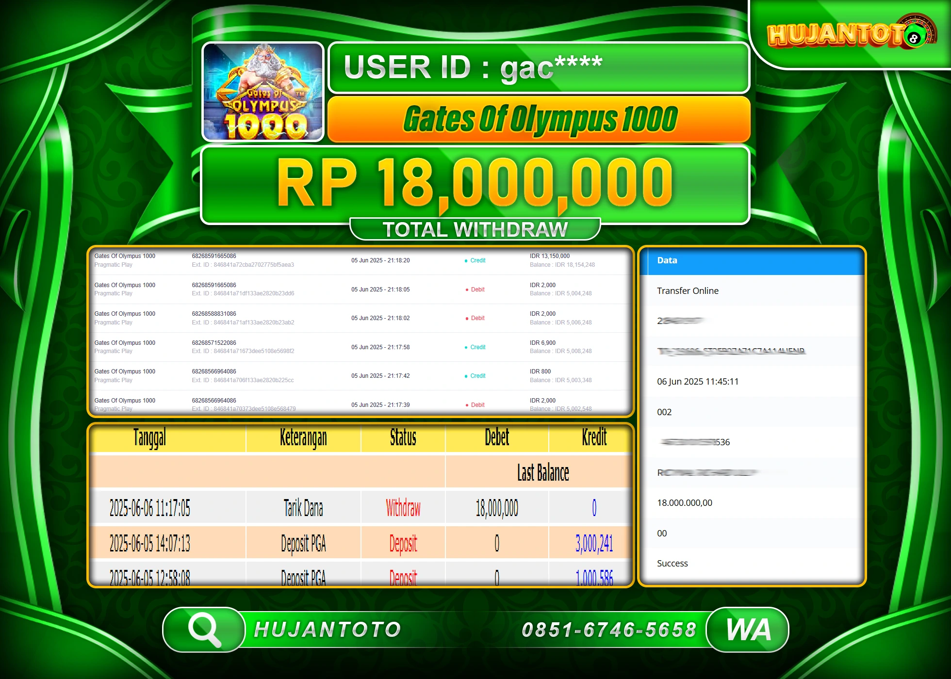 HUJANTOTO - BUKTI JACKPOT MENANG SLOT GATES OF OLYMPUS 1000 Rp.18,000,000 - TERBAYAR LUNAS